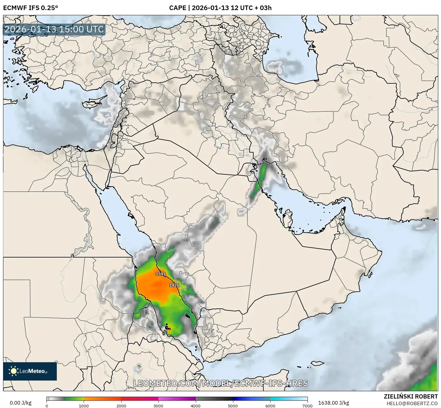 ECMWF IFS 0.25° model - Middle East, CAPE