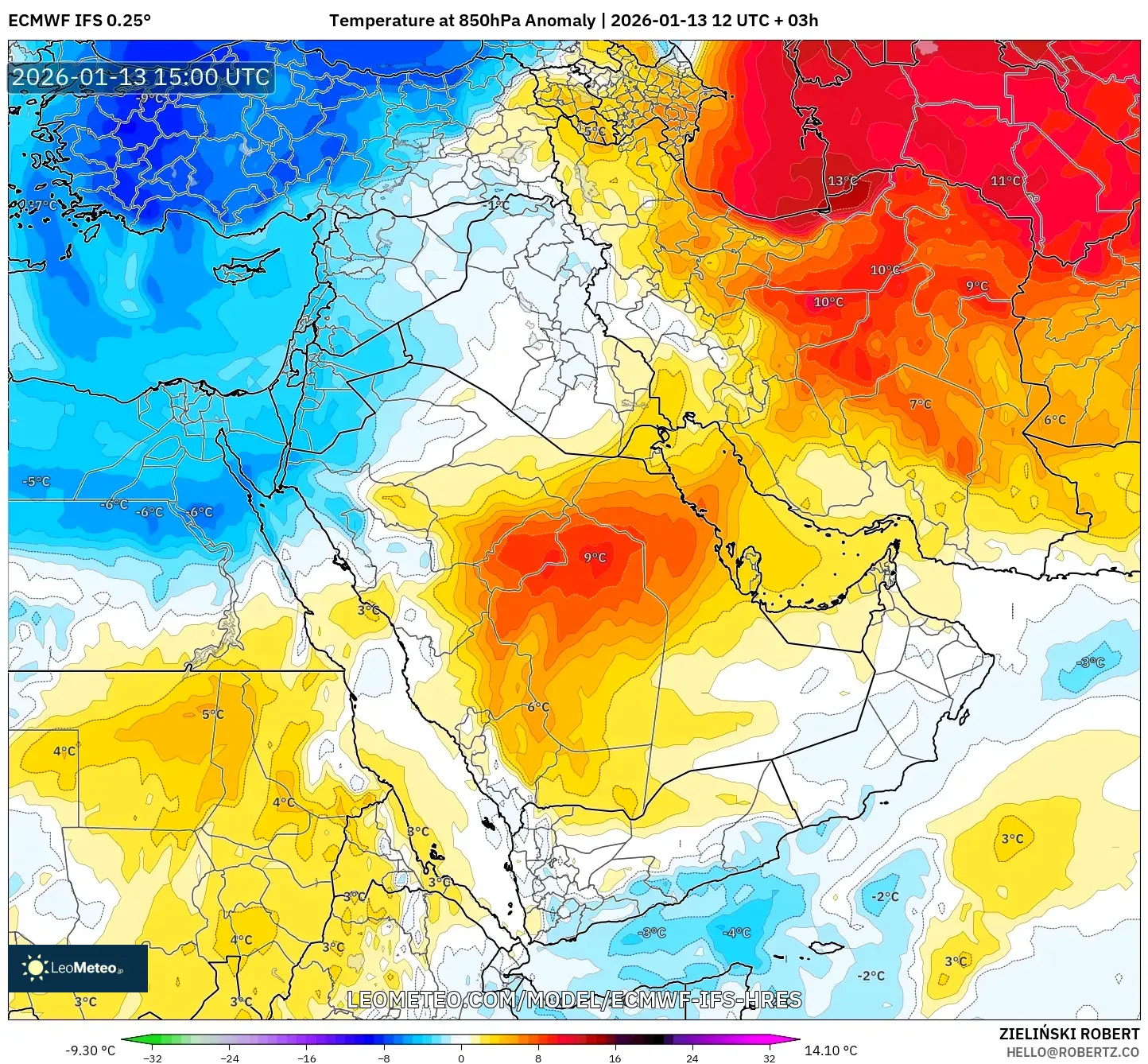 ECMWF IFS 0.25° model - Middle East, Temperature at 850hPa Anomaly