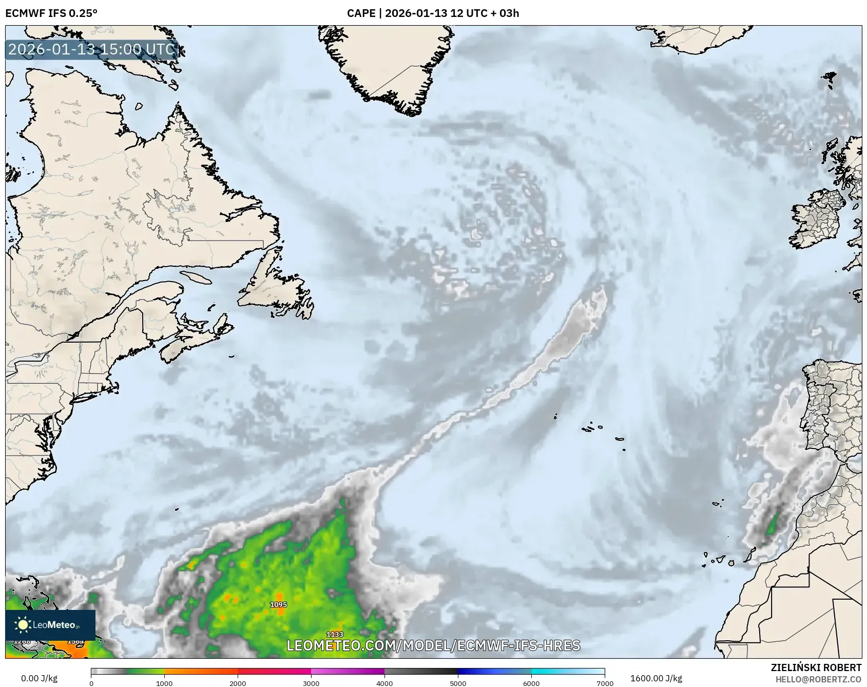 ECMWF IFS 0.25° model - North Atlantic, CAPE