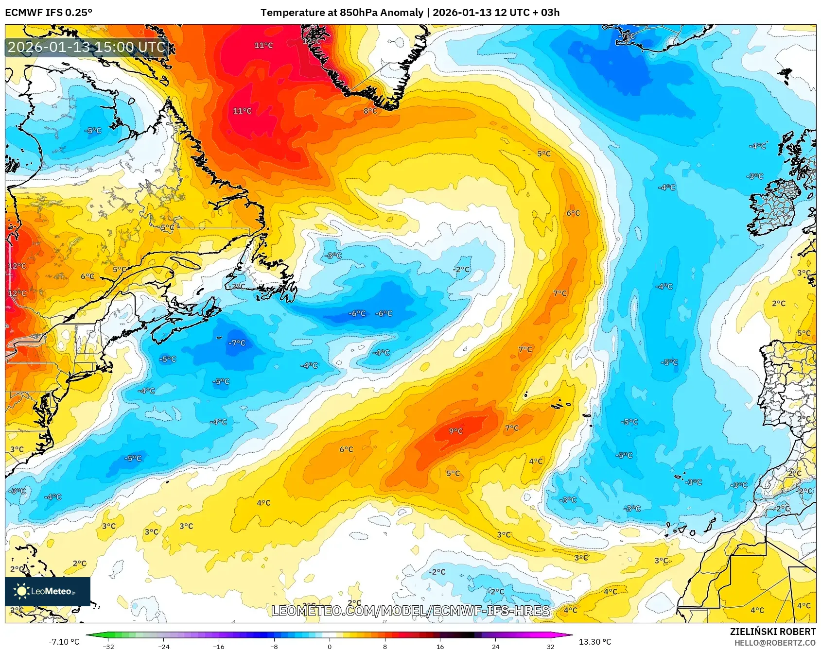 ECMWF IFS 0.25° model - North Atlantic, Temperature at 850hPa Anomaly