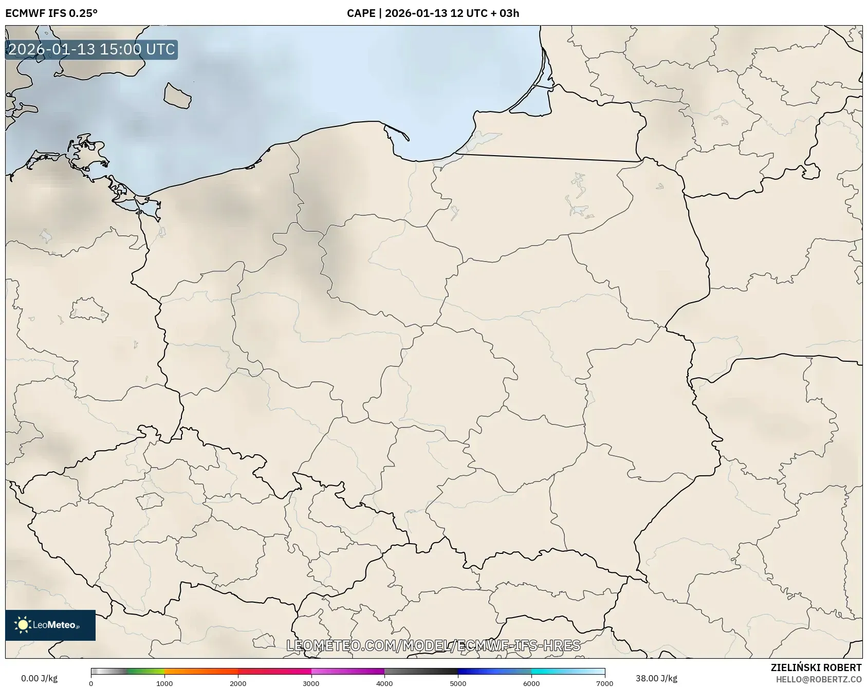 ECMWF IFS 0.25° model - Poland, CAPE