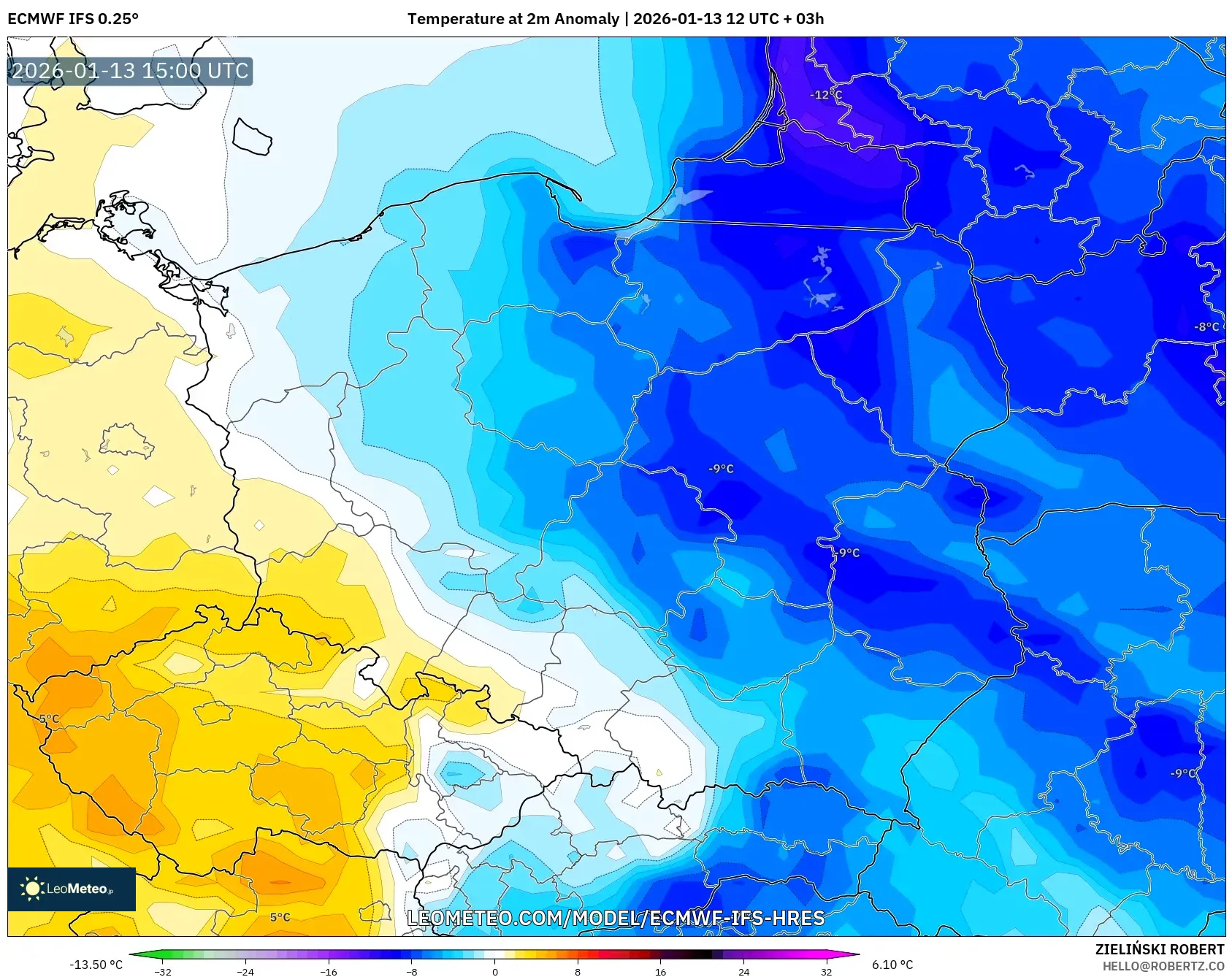 ECMWF IFS 0.25° model - Poland, Temperature at 2m Anomaly