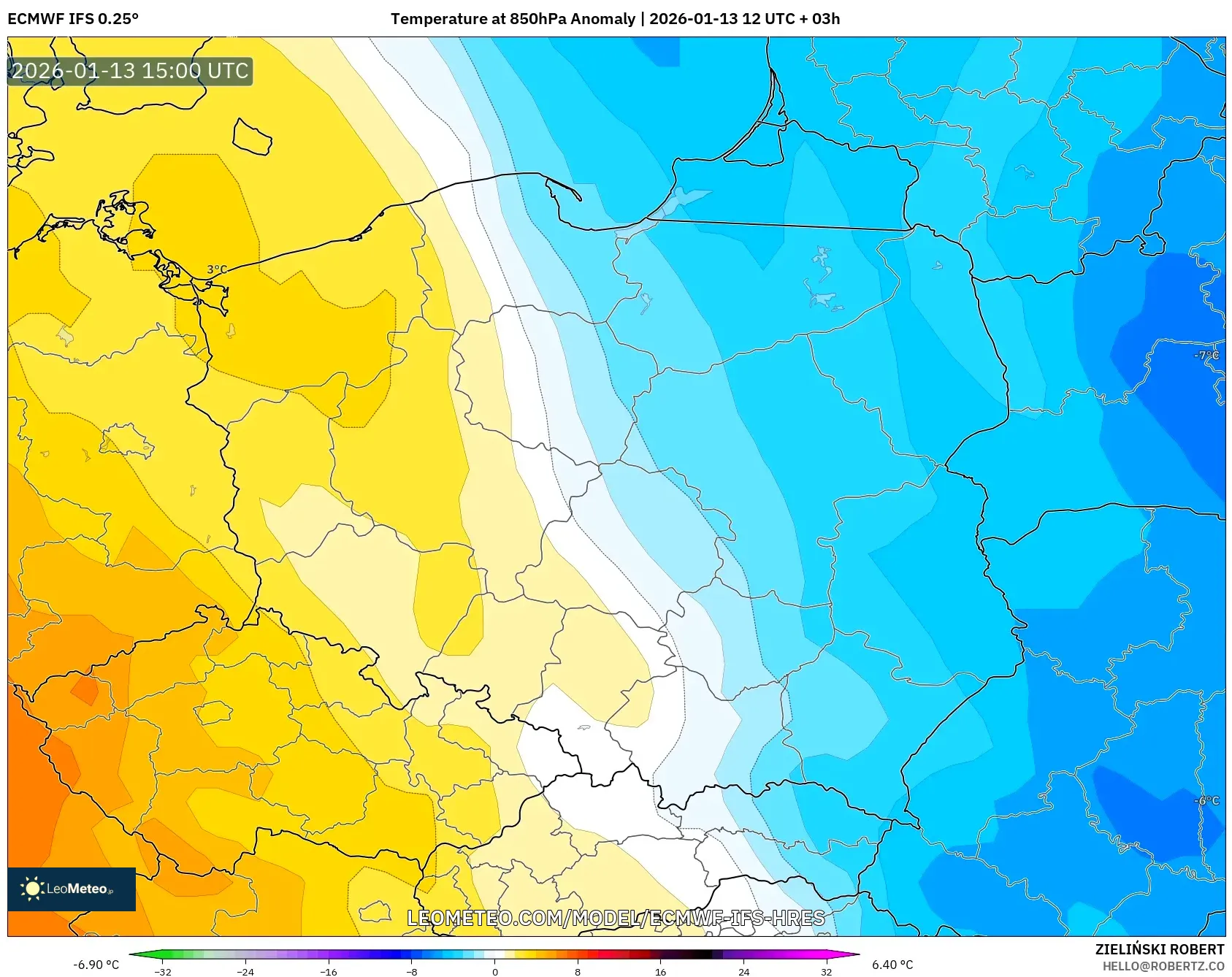 ECMWF IFS 0.25° model - Poland, Temperature at 850hPa Anomaly