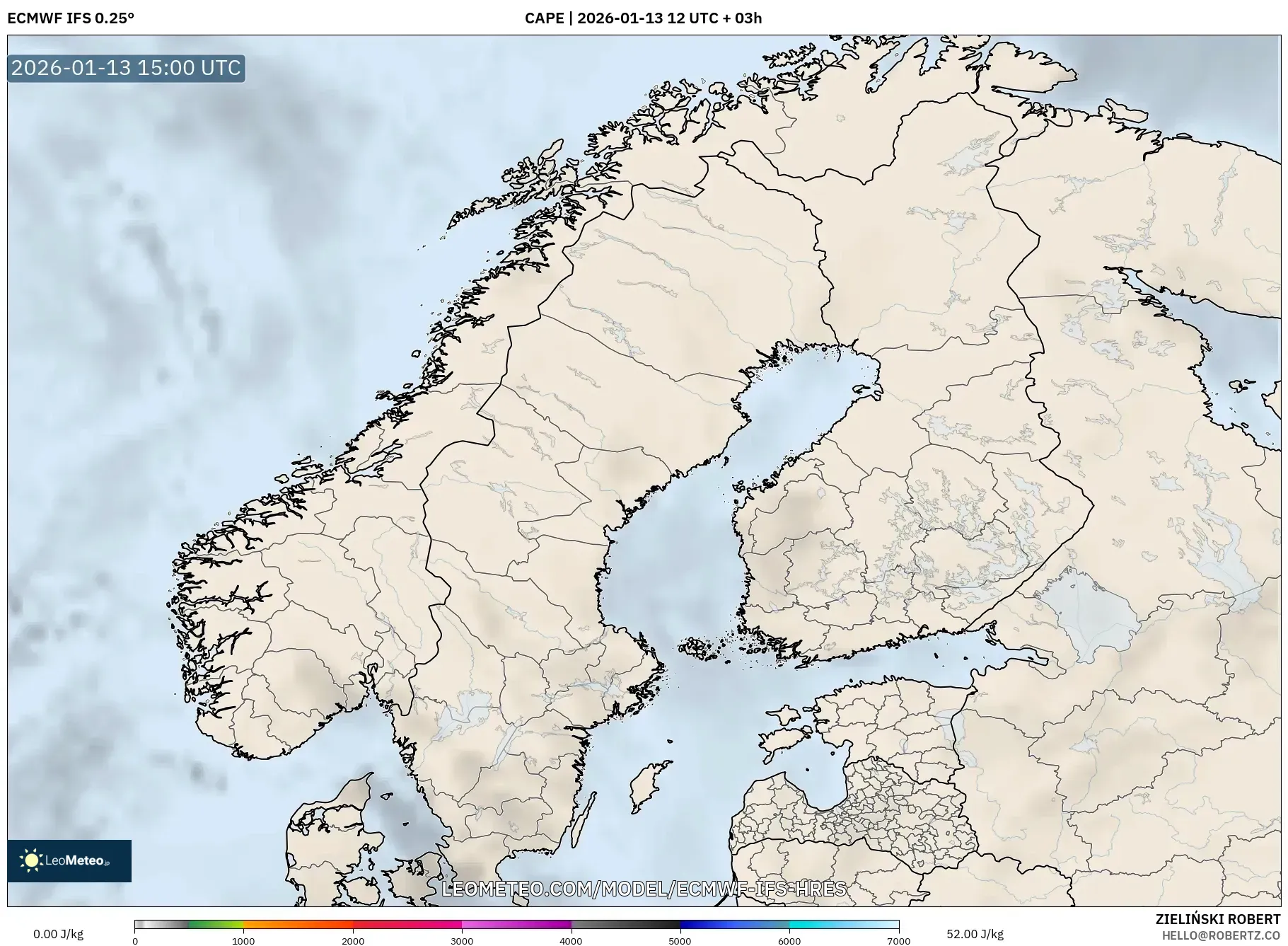ECMWF IFS 0.25° model - Scandinavia, CAPE