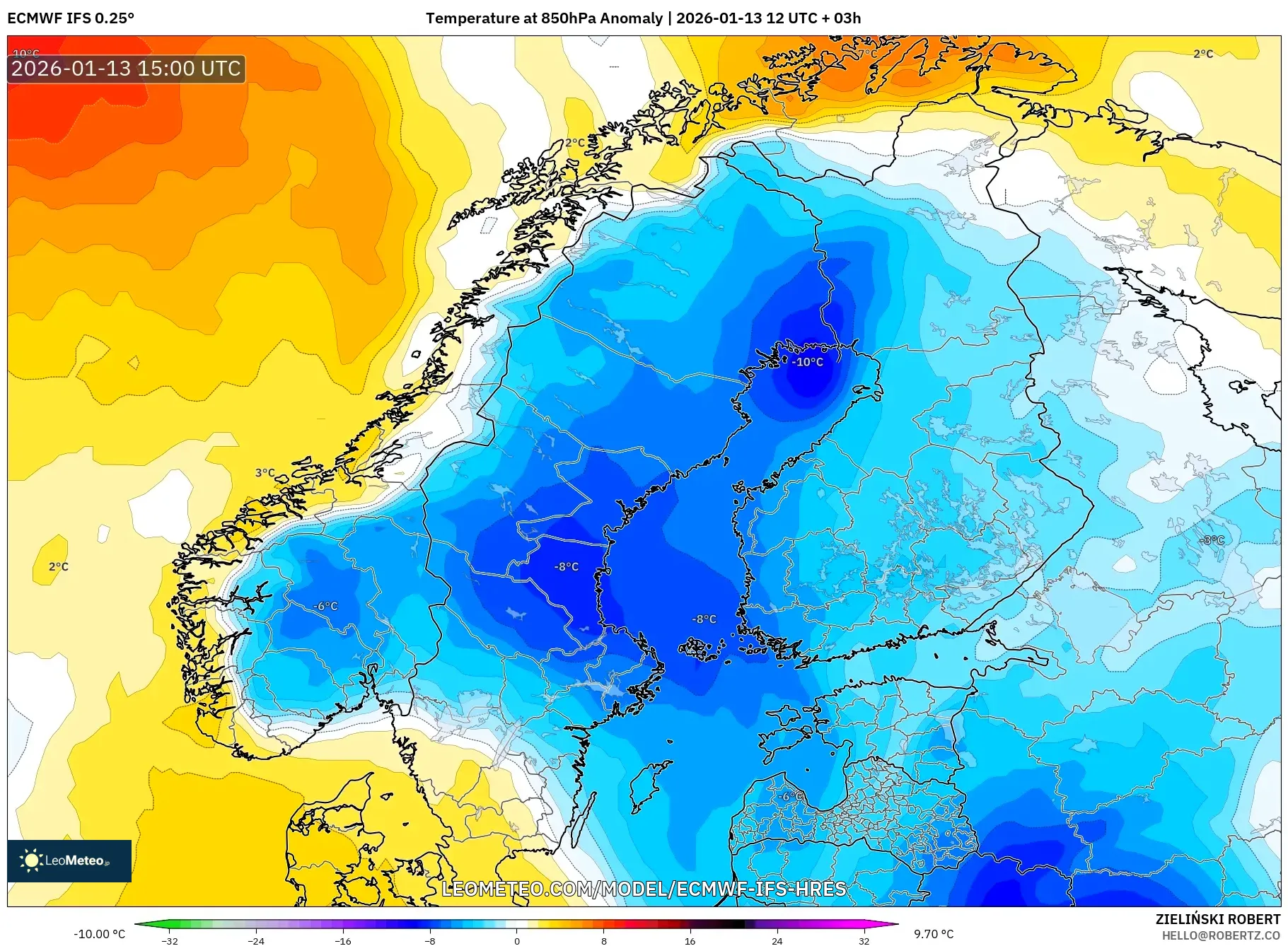 ECMWF IFS 0.25° model - Scandinavia, Temperature at 850hPa Anomaly