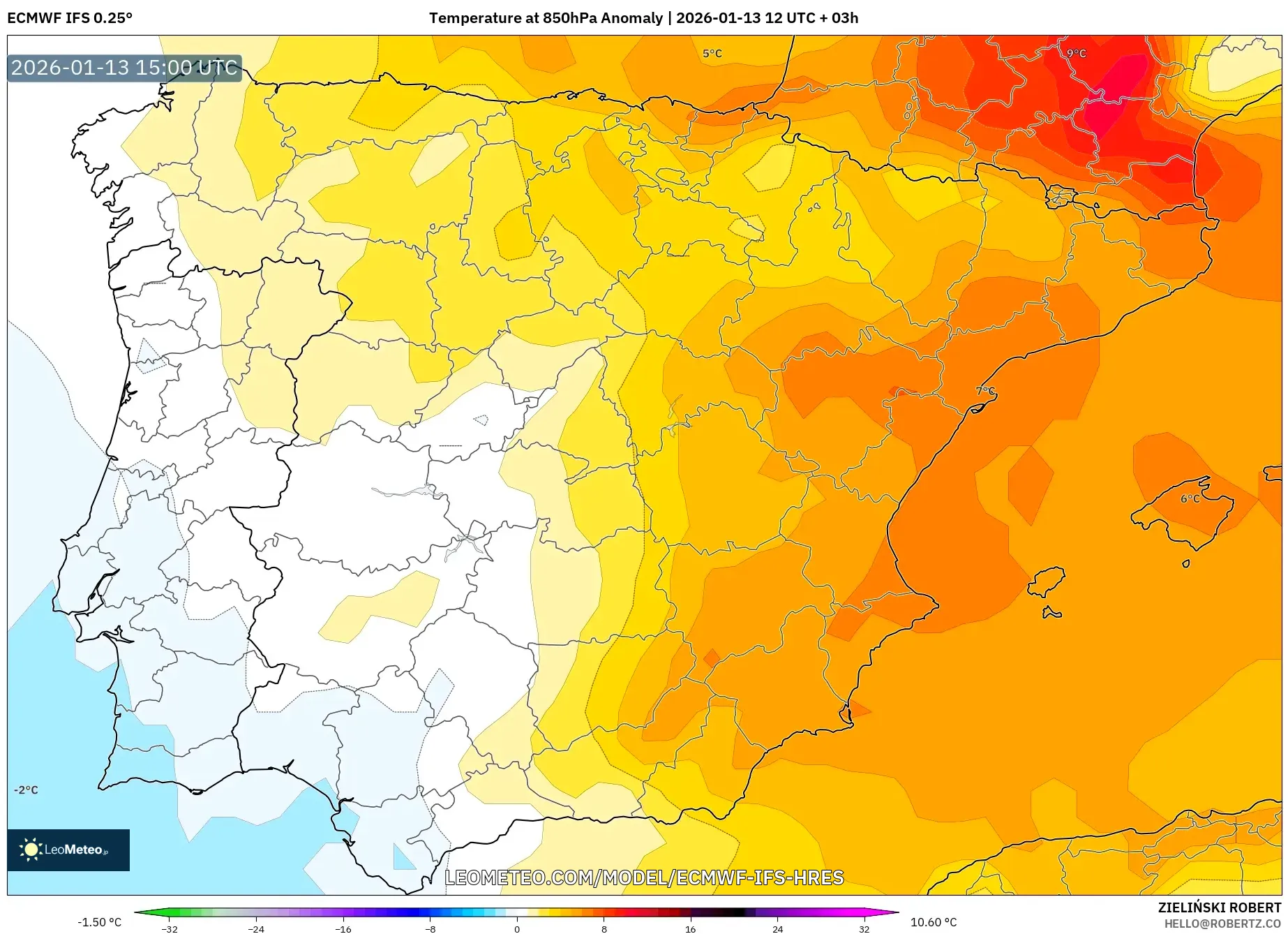 ECMWF IFS 0.25° model - Spain, Temperature at 850hPa Anomaly