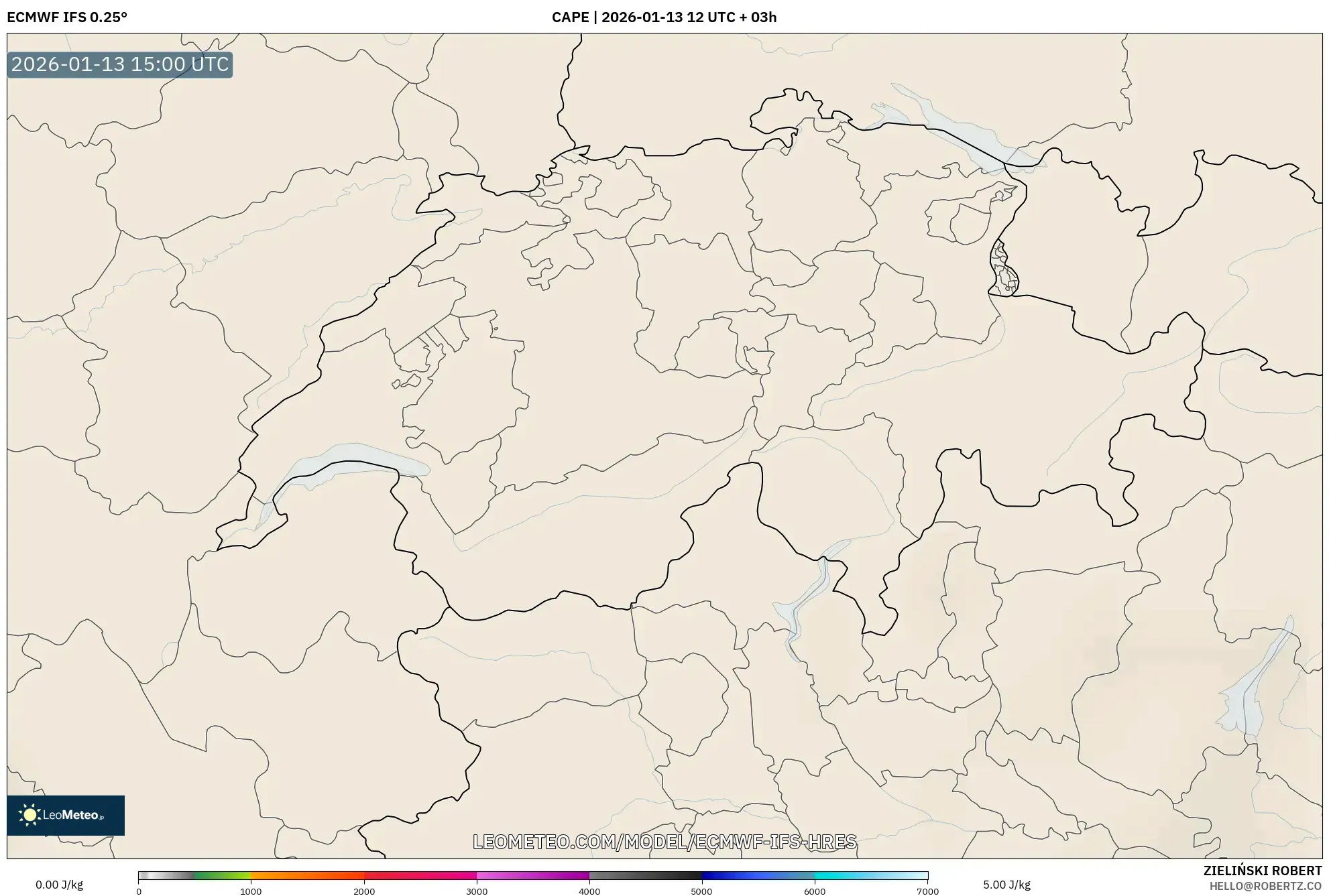 ECMWF IFS 0.25° model - Switzerland, CAPE