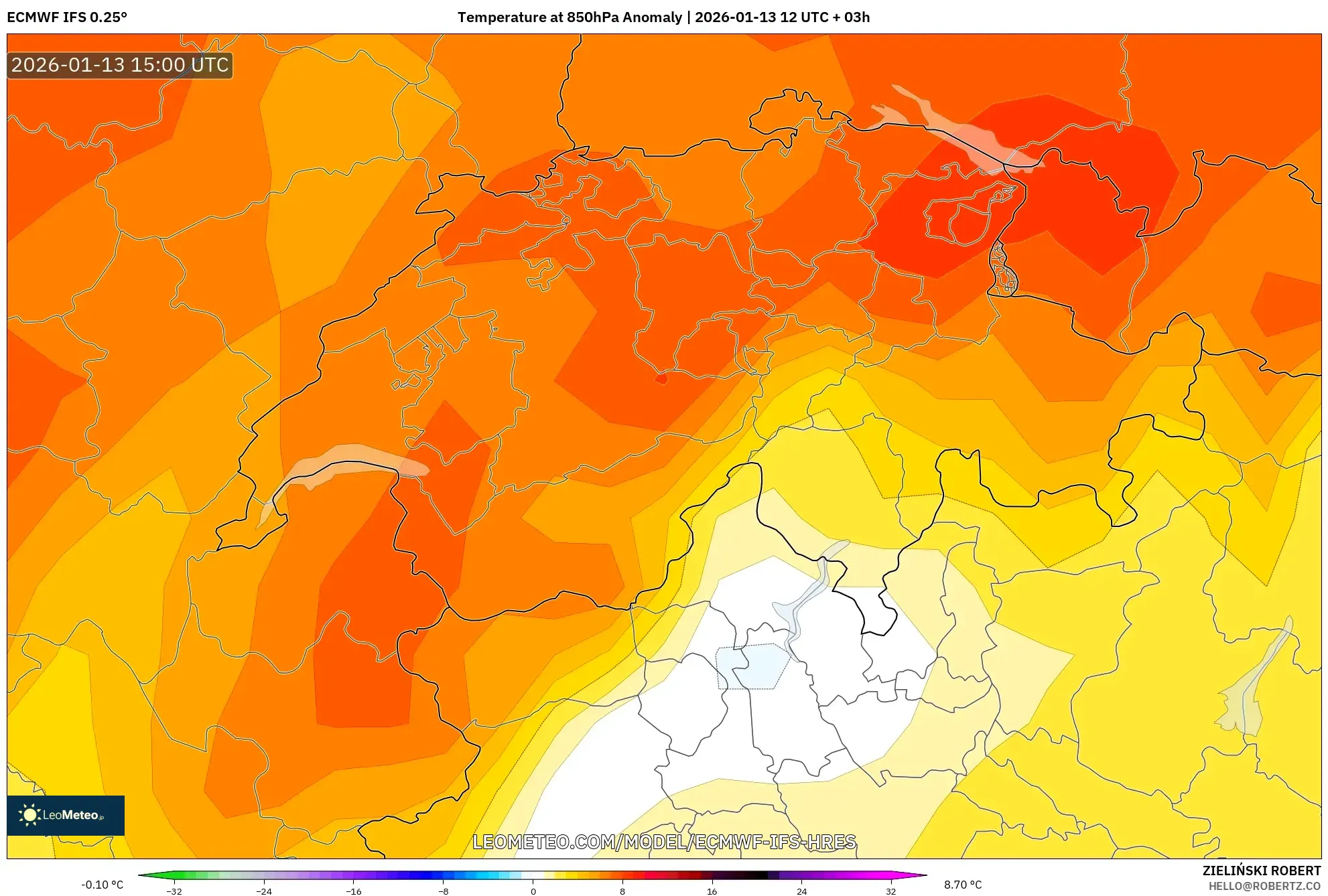 ECMWF IFS 0.25° model - Switzerland, Temperature at 850hPa Anomaly