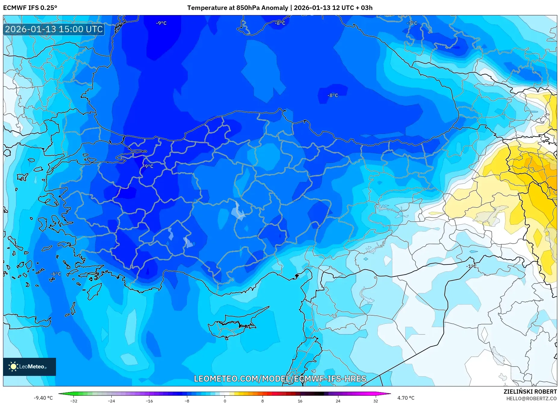 ECMWF IFS 0.25° model - Turkey, Temperature at 850hPa Anomaly