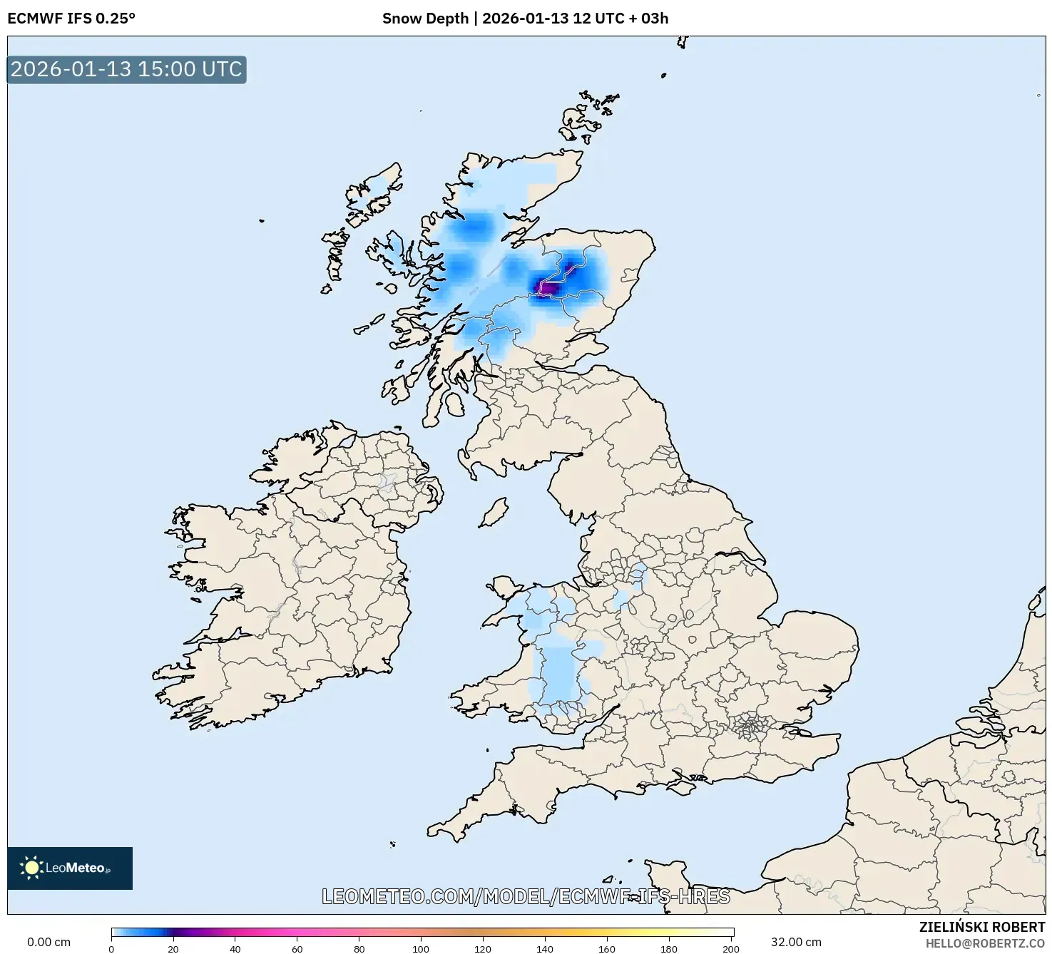 ECMWF IFS 0.25° model - United Kingdom, Snow Depth