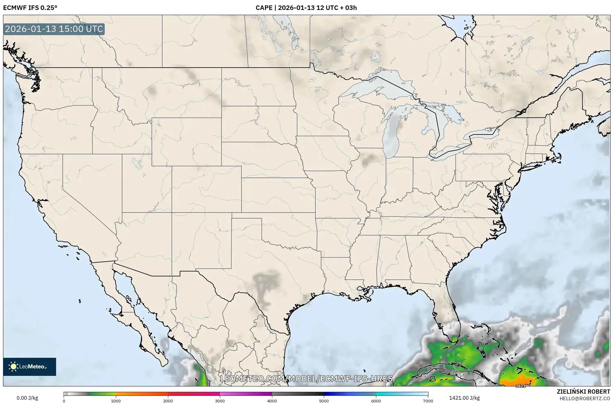 ECMWF IFS 0.25° model - United States, CAPE