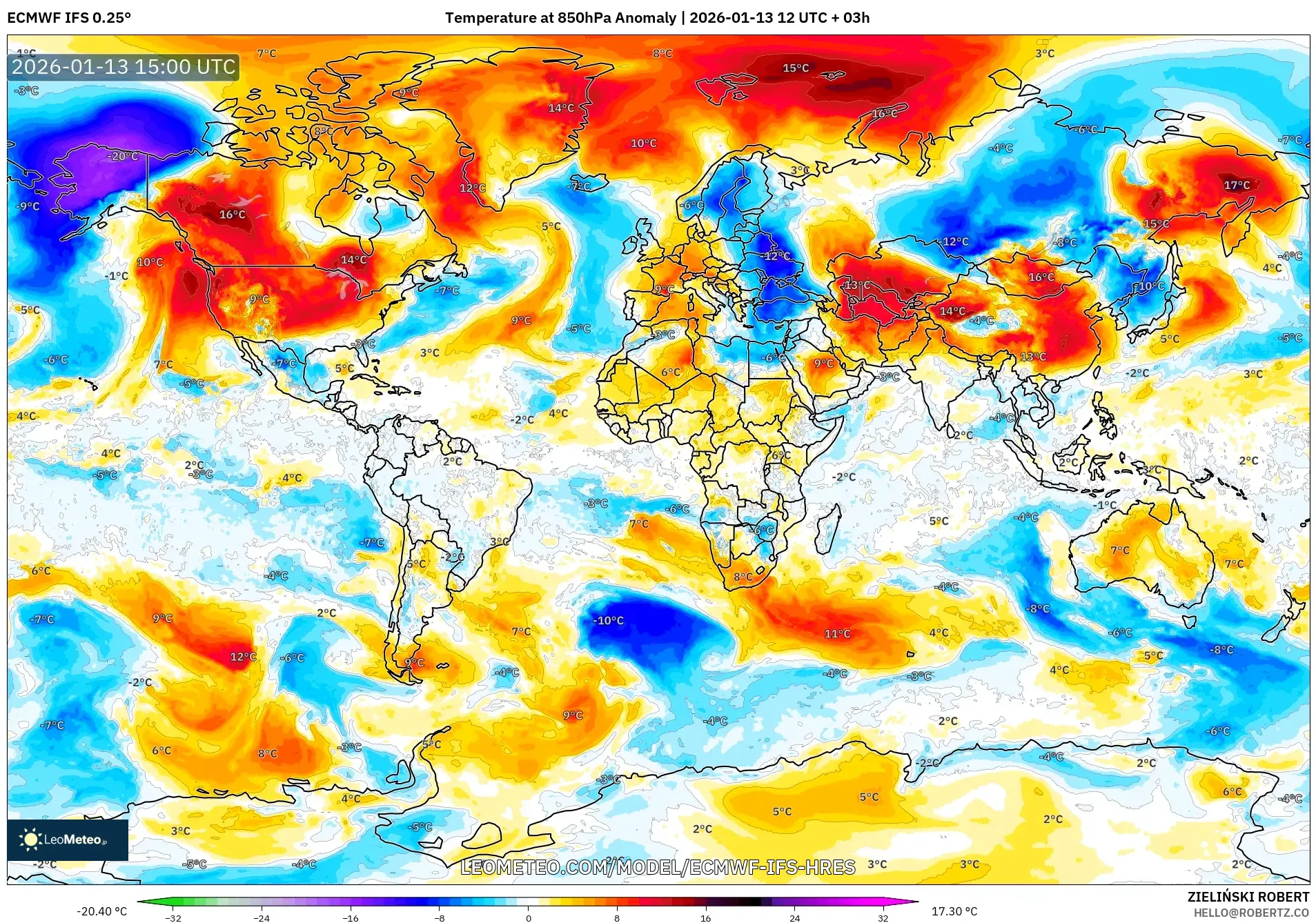 ECMWF IFS 0.25° model - World, Temperature at 850hPa Anomaly