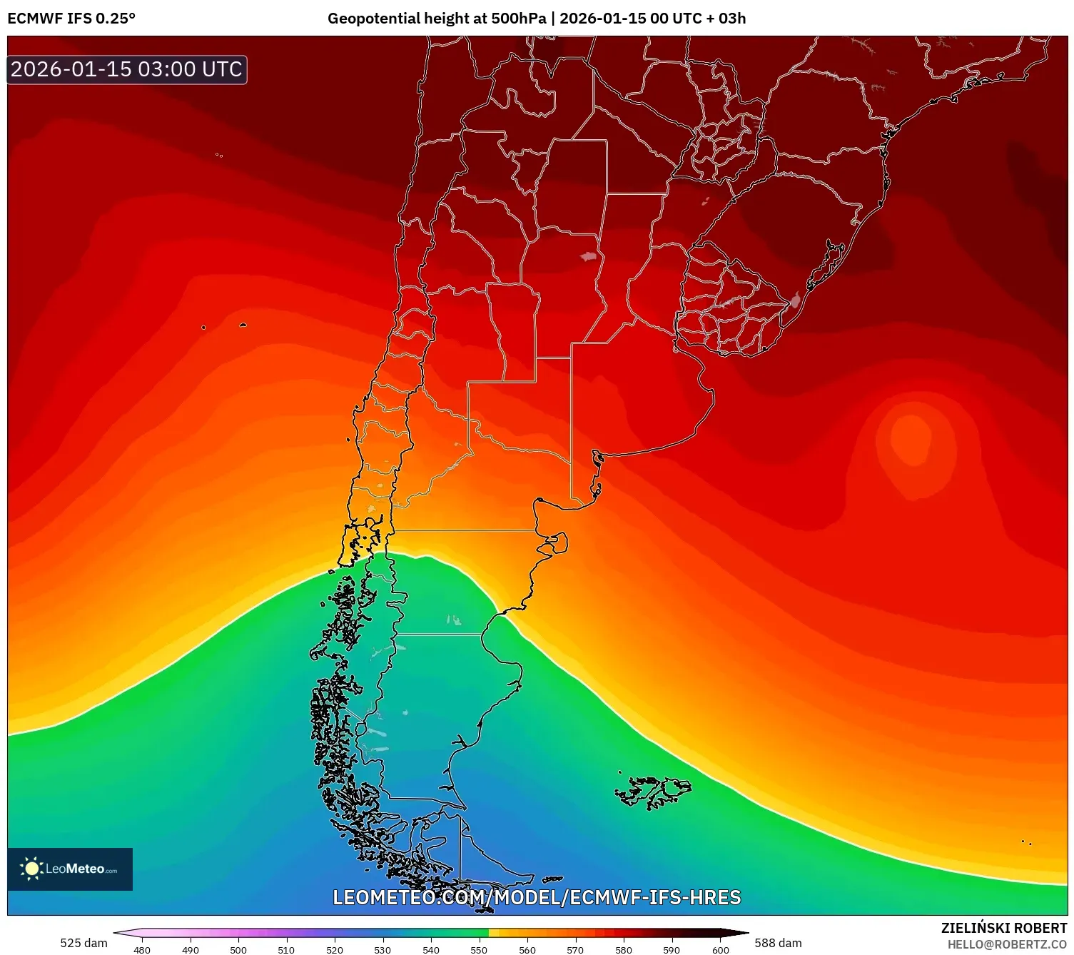 ECMWF IFS 0.25° model - Argentina, Geopotential height at 500hPa