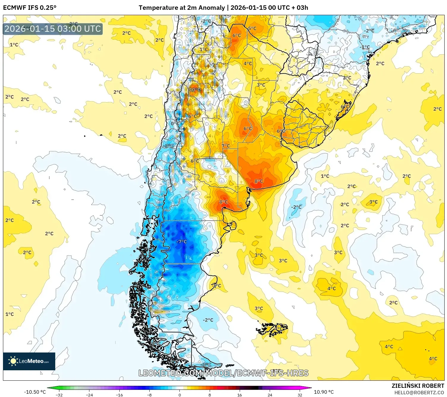ECMWF IFS 0.25° model - Argentina, Temperature at 2m Anomaly