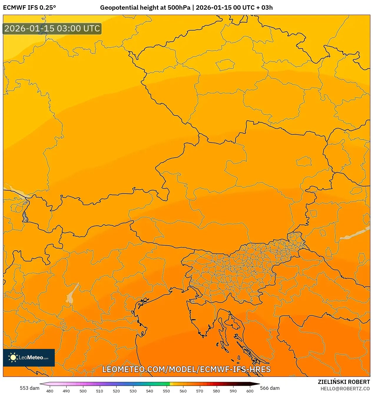 ECMWF IFS 0.25° model - Austria, Geopotential height at 500hPa