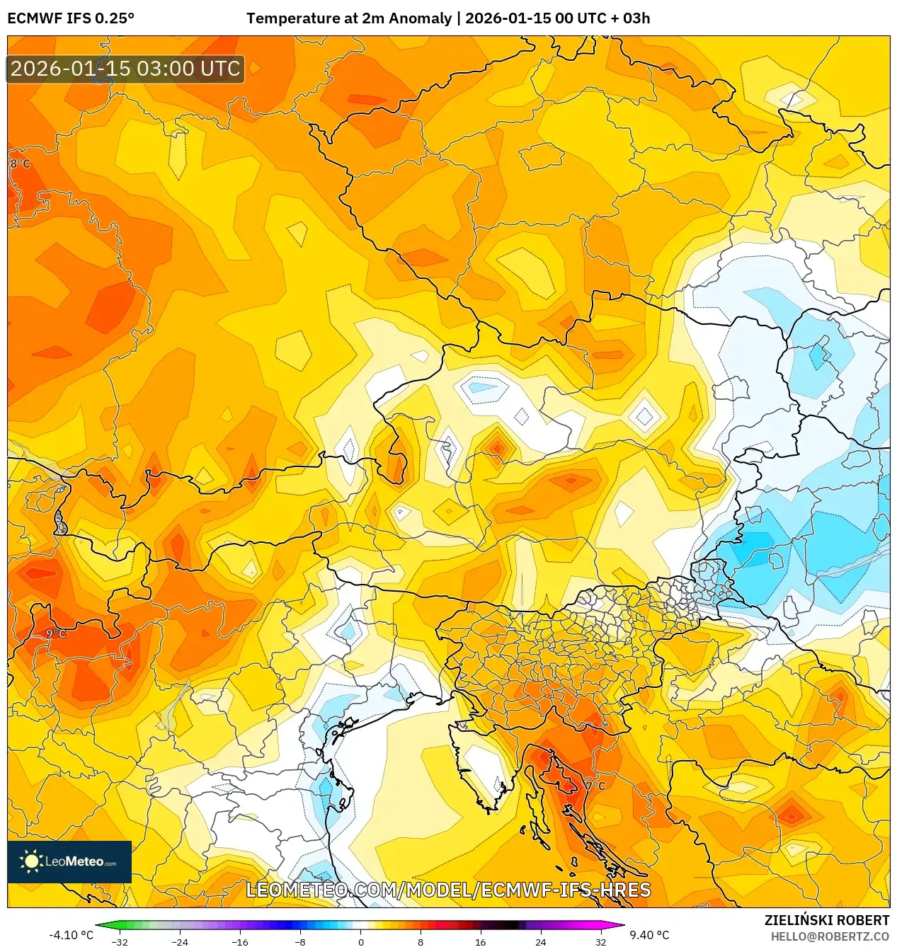 ECMWF IFS 0.25° model - Austria, Temperature at 2m Anomaly