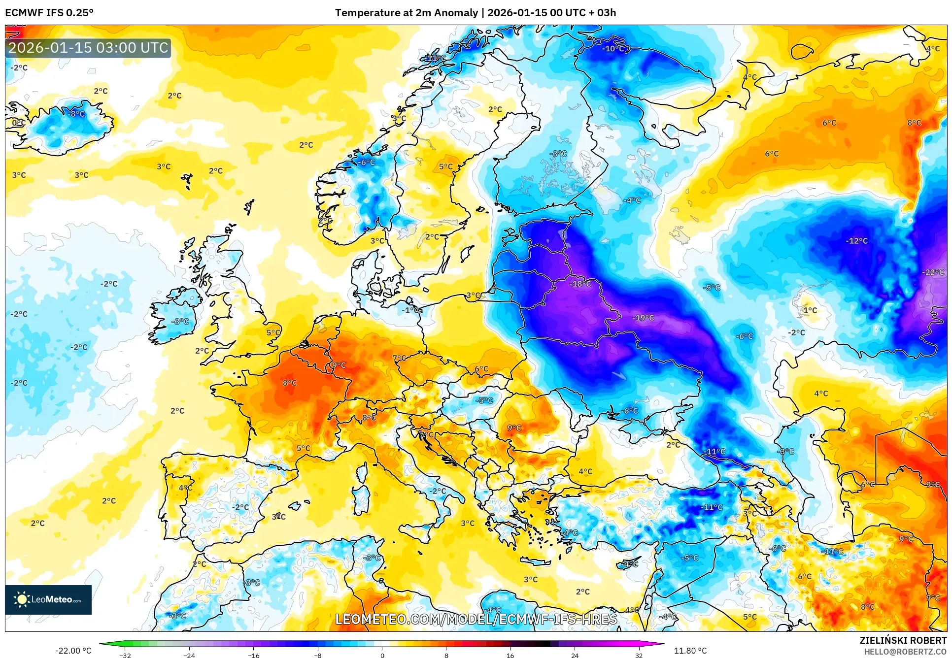 ECMWF IFS 0.25° model - Europe, Temperature at 2m Anomaly