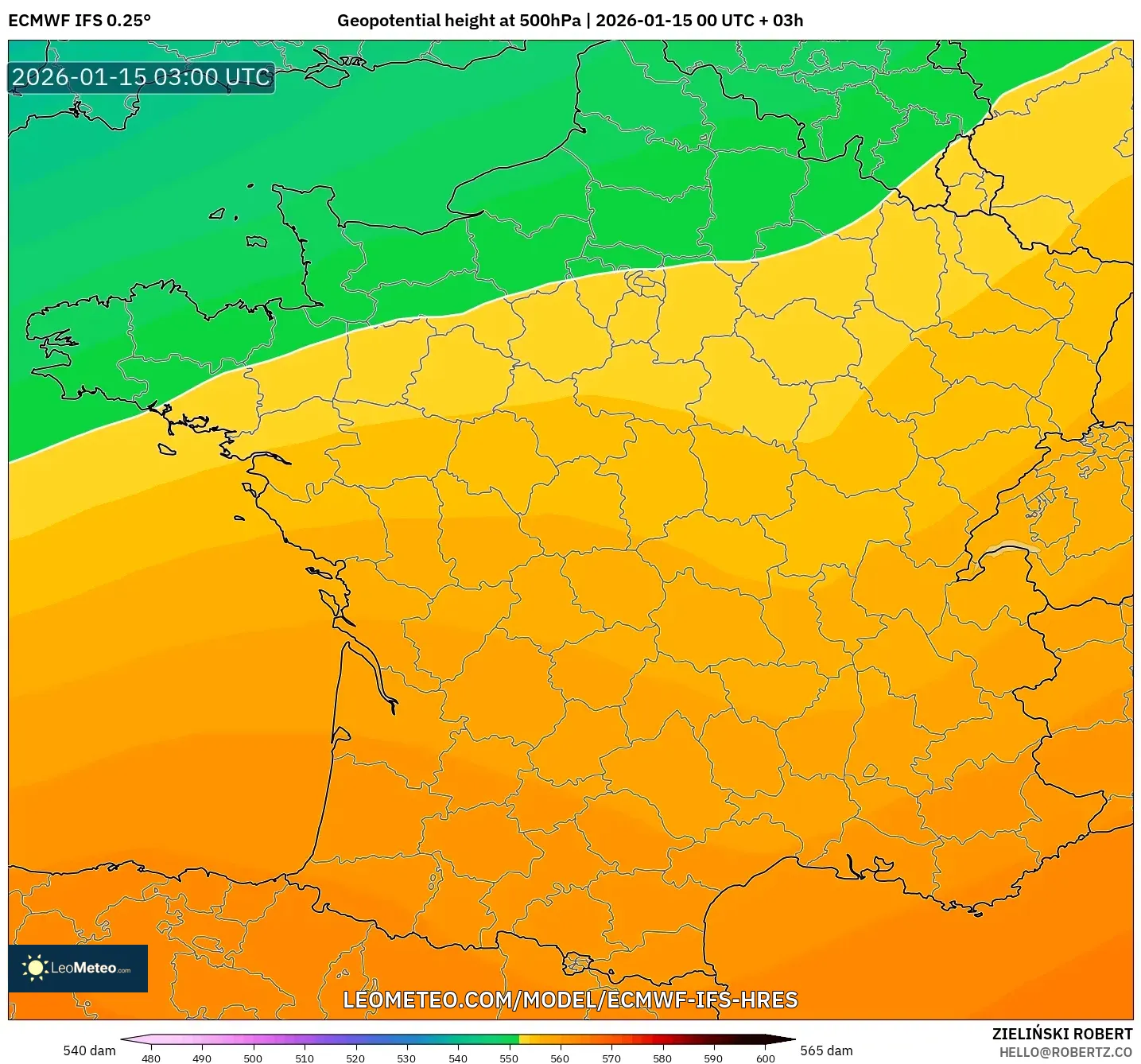 ECMWF IFS 0.25° model - France, Geopotential height at 500hPa