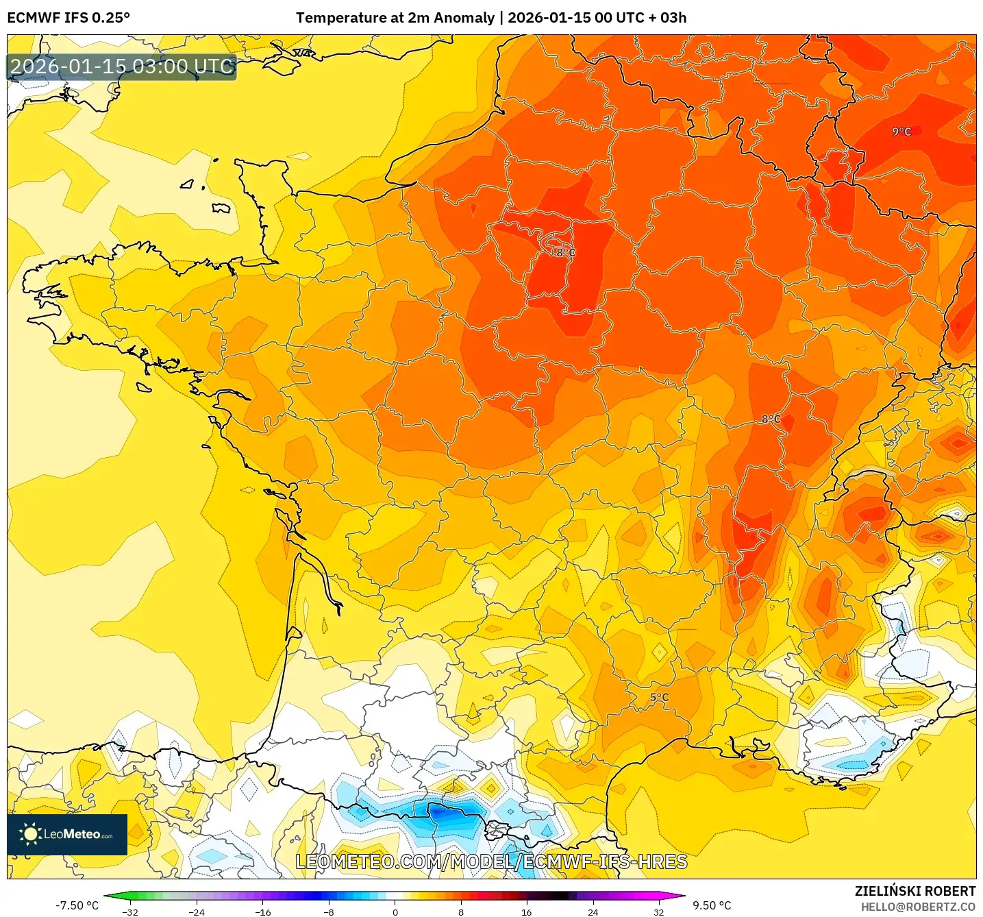 ECMWF IFS 0.25° model - France, Temperature at 2m Anomaly