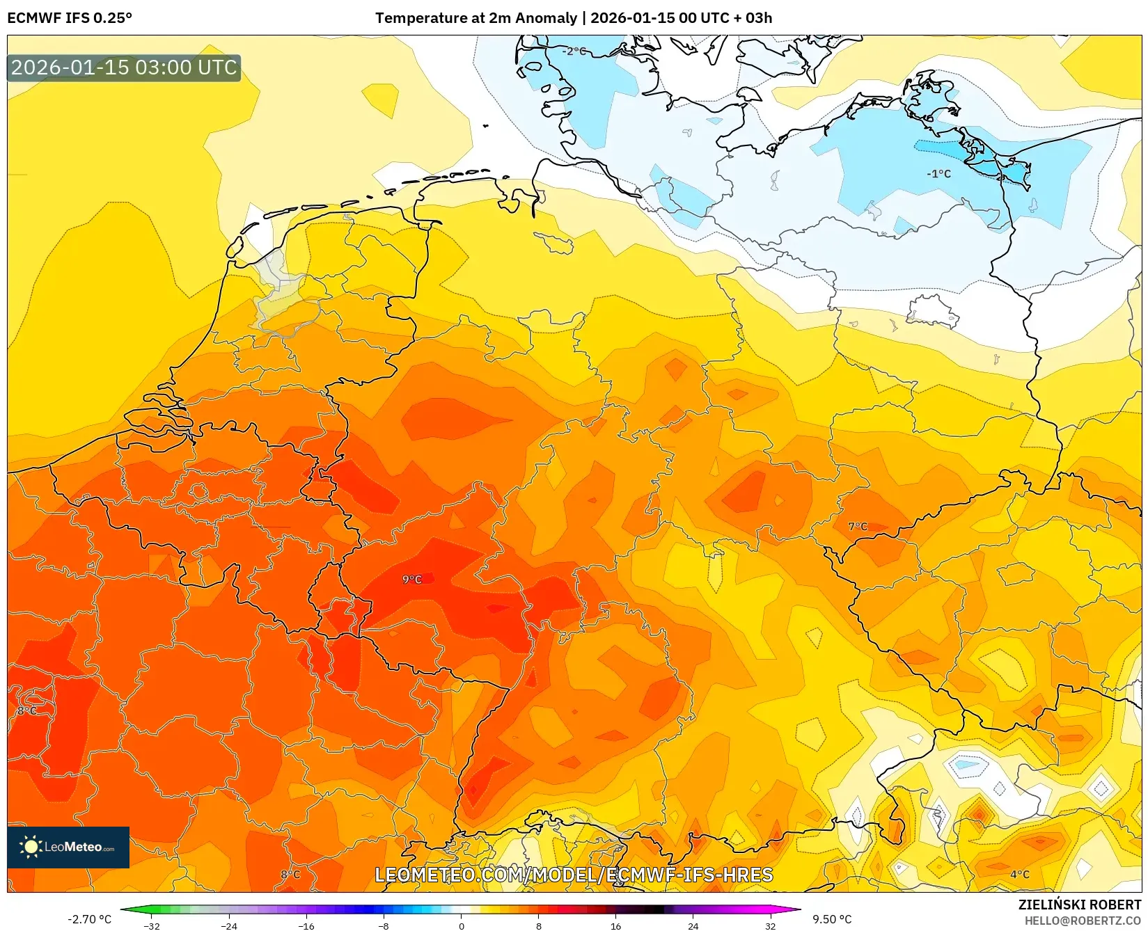 ECMWF IFS 0.25° model - Germany, Temperature at 2m Anomaly