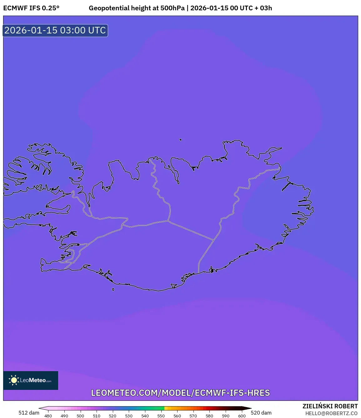 ECMWF IFS 0.25° model - Iceland, Geopotential height at 500hPa