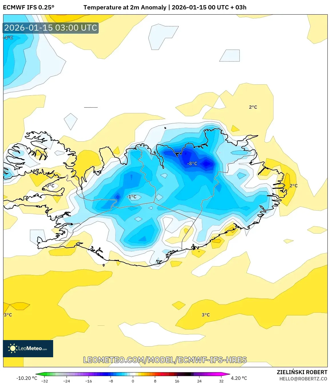 ECMWF IFS 0.25° model - Iceland, Temperature at 2m Anomaly