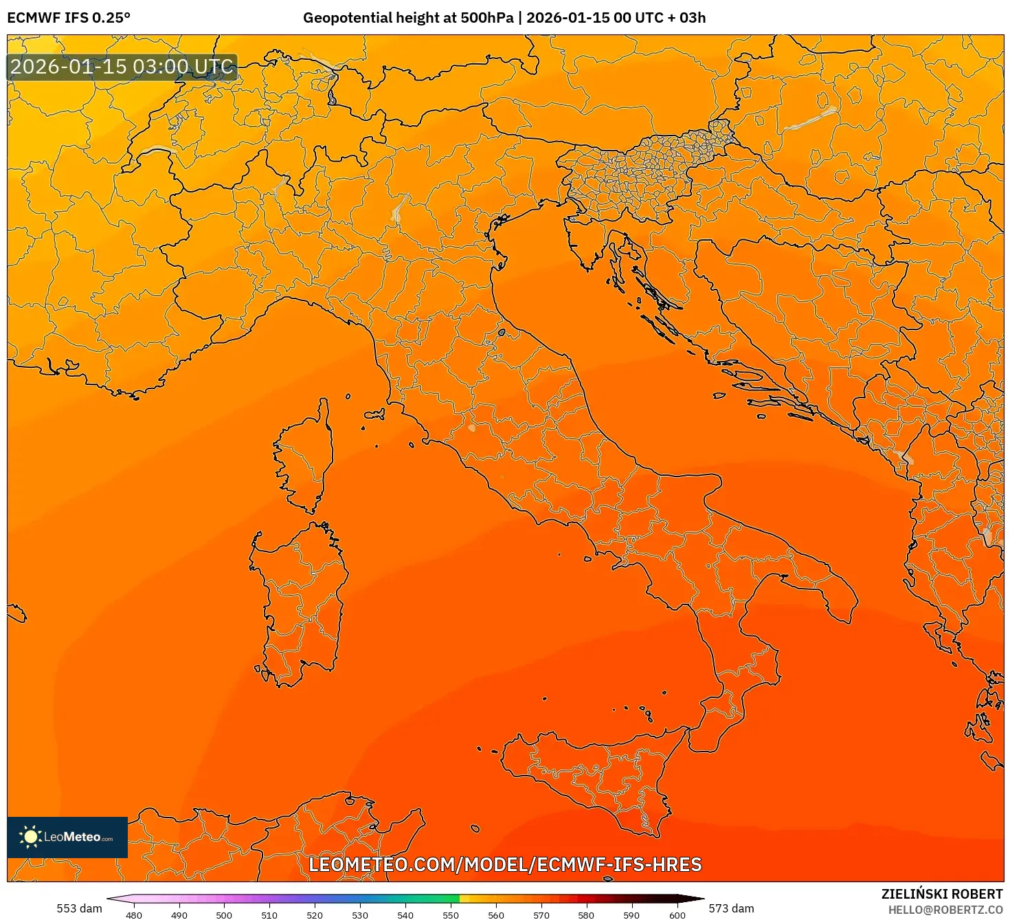 ECMWF IFS 0.25° model - Italy, Geopotential height at 500hPa