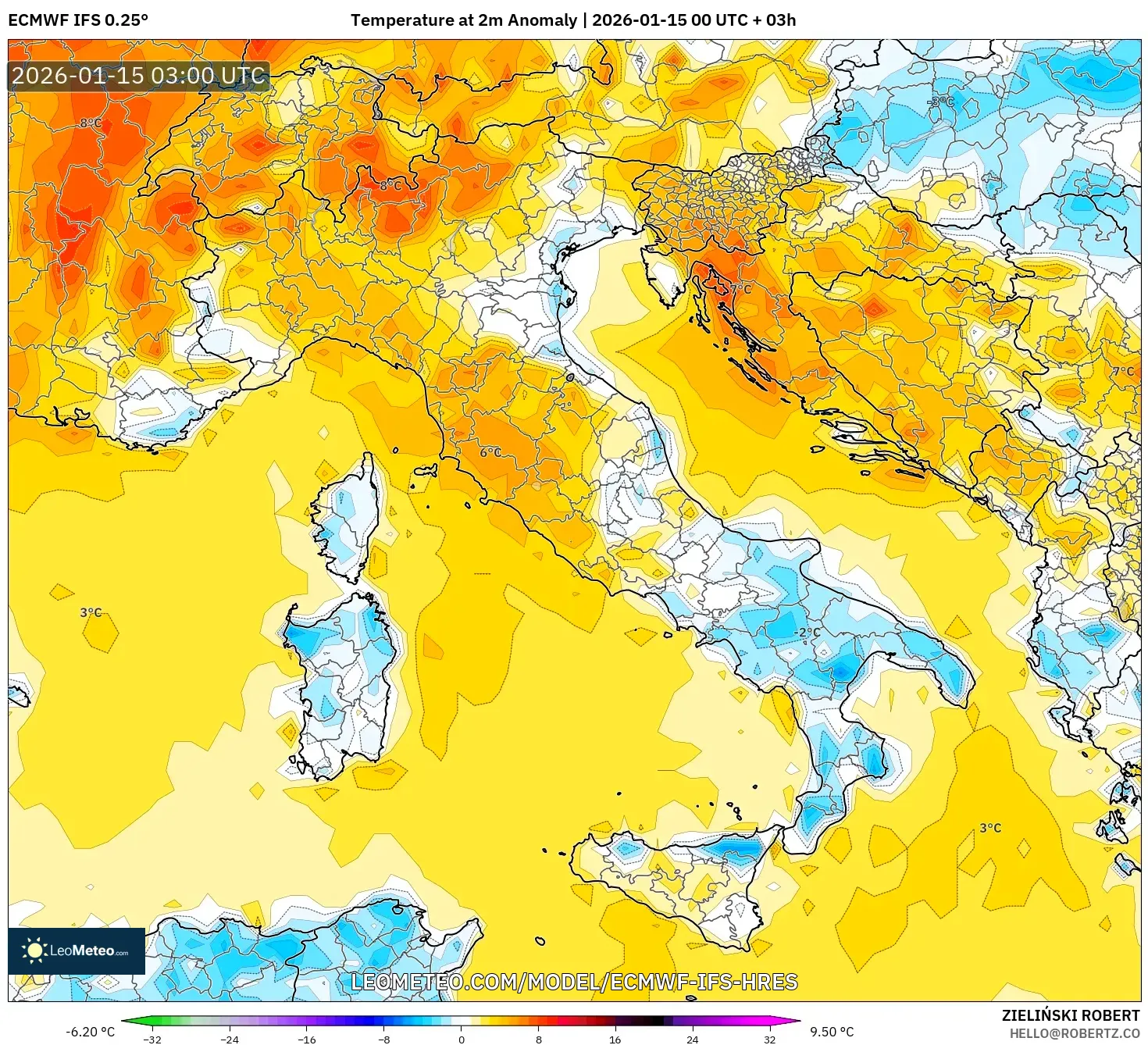 ECMWF IFS 0.25° model - Italy, Temperature at 2m Anomaly