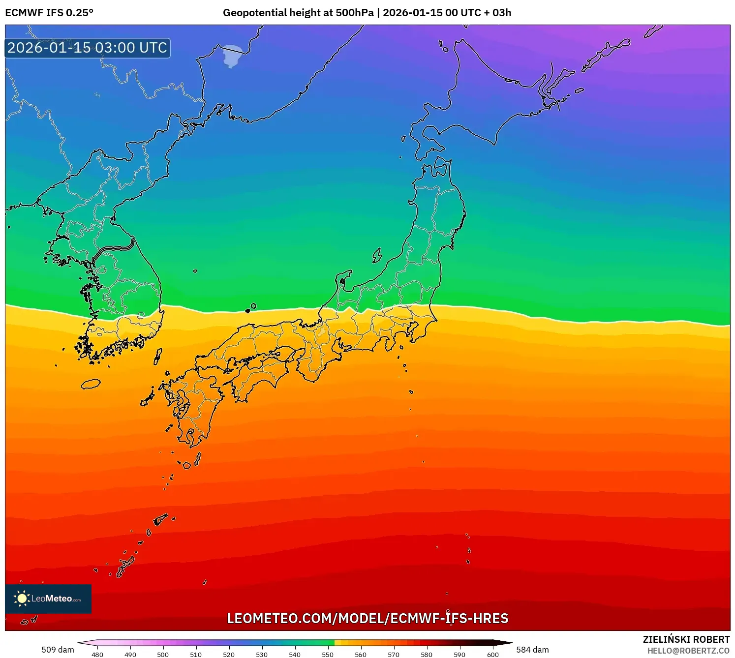 ECMWF IFS 0.25° model - Japan, Geopotential height at 500hPa