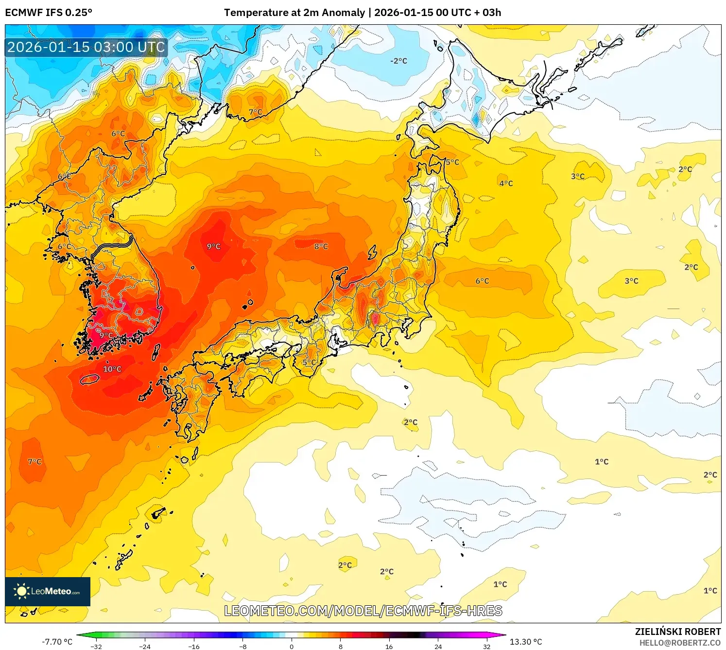 ECMWF IFS 0.25° model - Japan, Temperature at 2m Anomaly