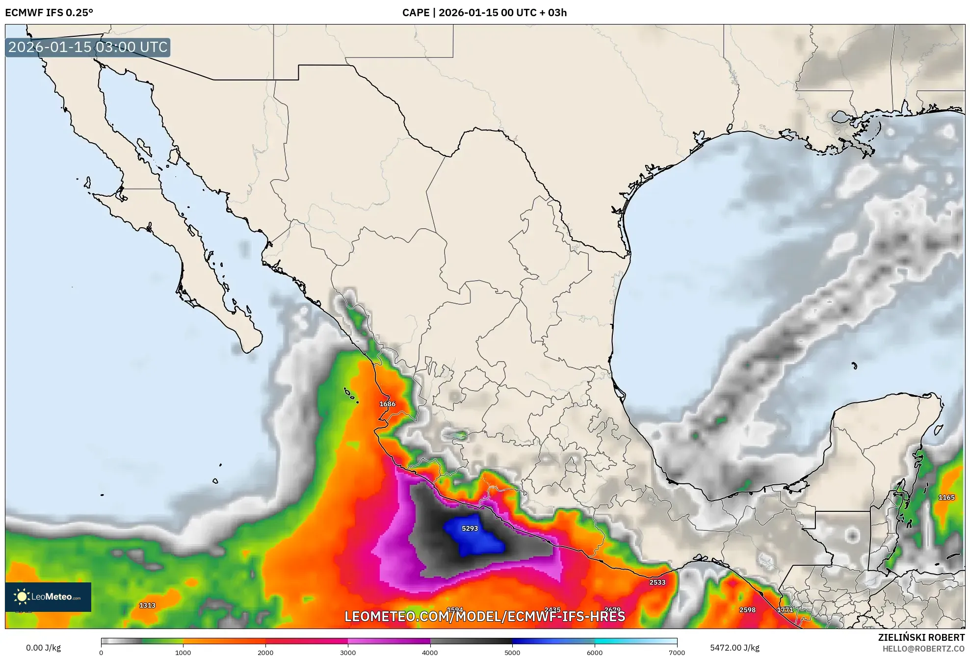ECMWF IFS 0.25° model - Mexico, CAPE