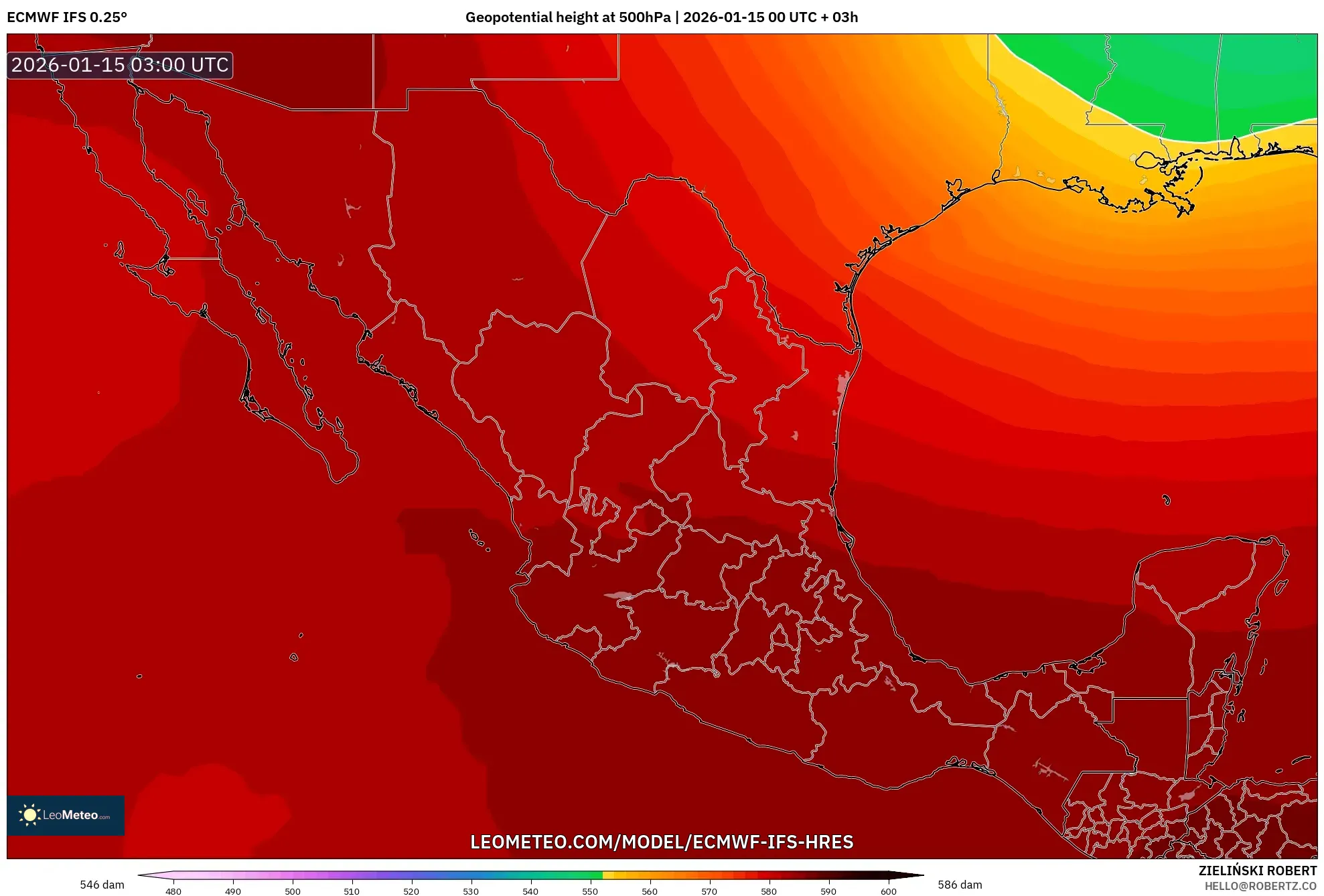 ECMWF IFS 0.25° model - Mexico, Geopotential height at 500hPa