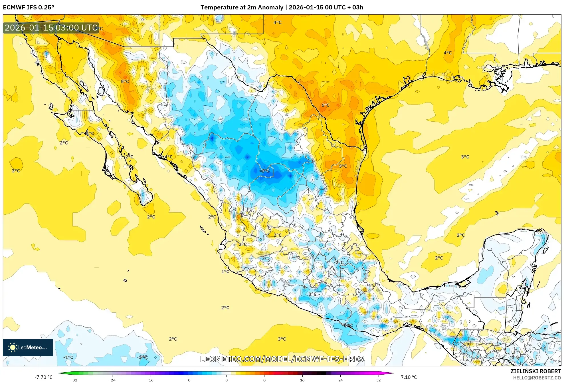 ECMWF IFS 0.25° model - Mexico, Temperature at 2m Anomaly