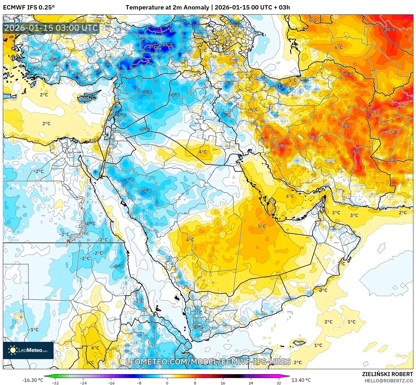ECMWF IFS 0.25° model - Middle East, Temperature at 2m Anomaly