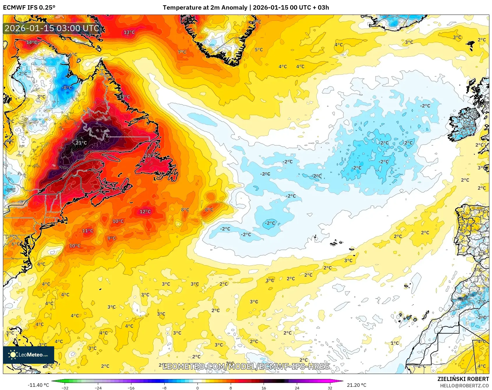 ECMWF IFS 0.25° model - North Atlantic, Temperature at 2m Anomaly