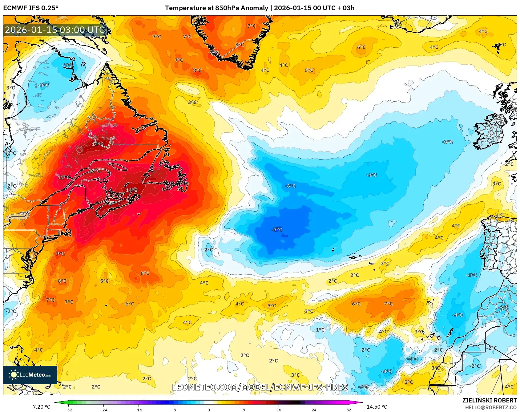 ECMWF IFS 0.25° model - North Atlantic, Temperature at 850hPa Anomaly
