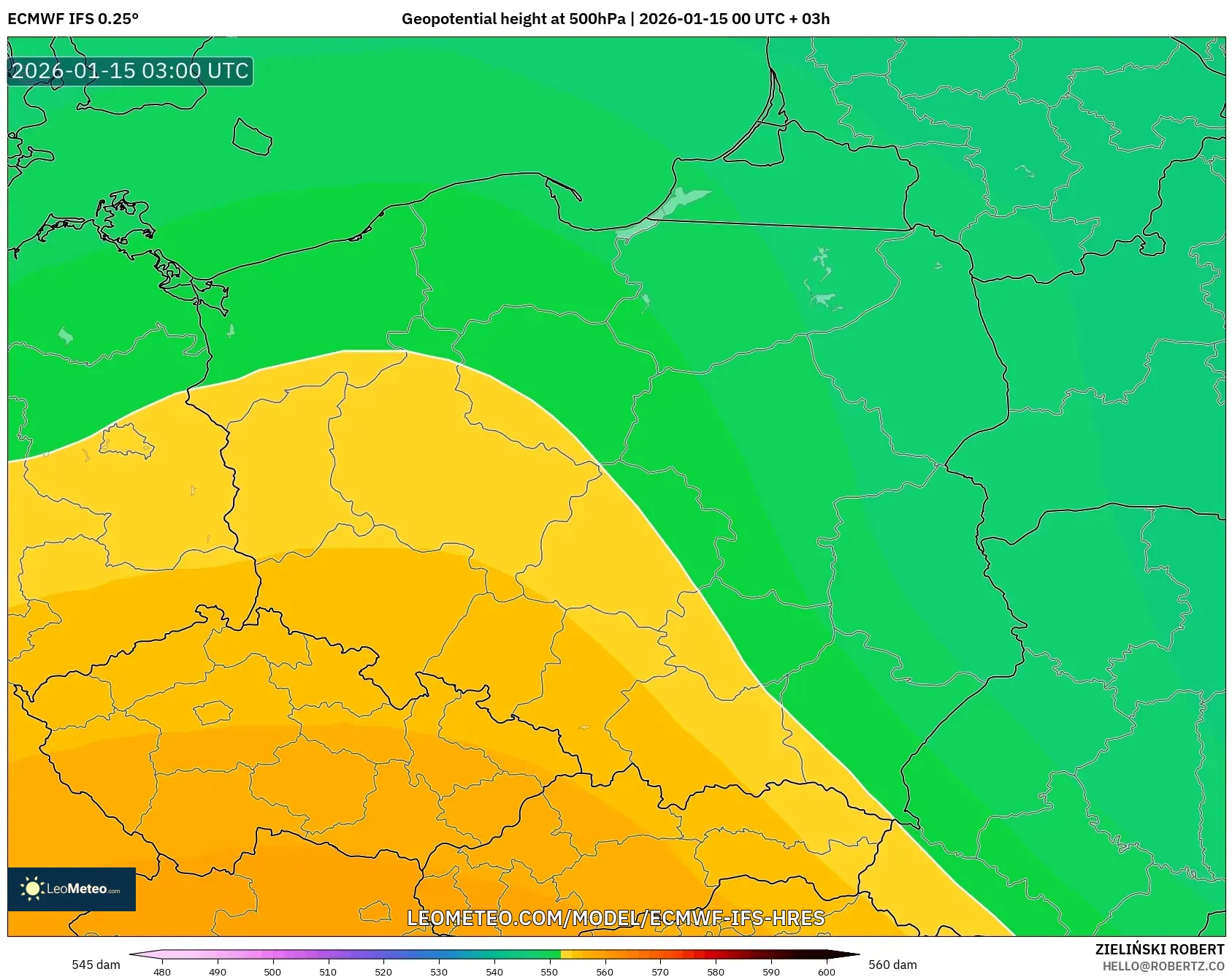ECMWF IFS 0.25° model - Poland, Geopotential height at 500hPa