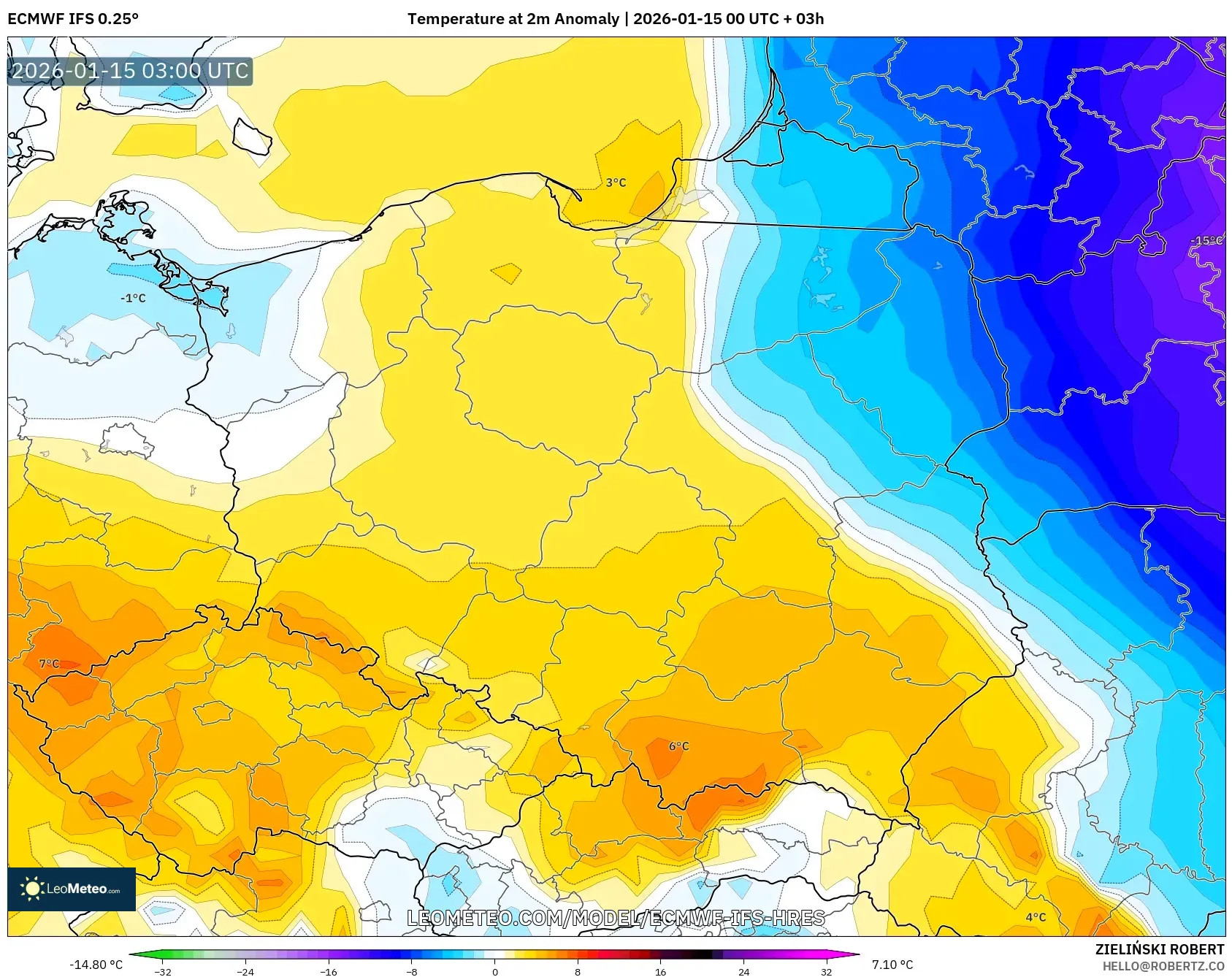 ECMWF IFS 0.25° model - Poland, Temperature at 2m Anomaly