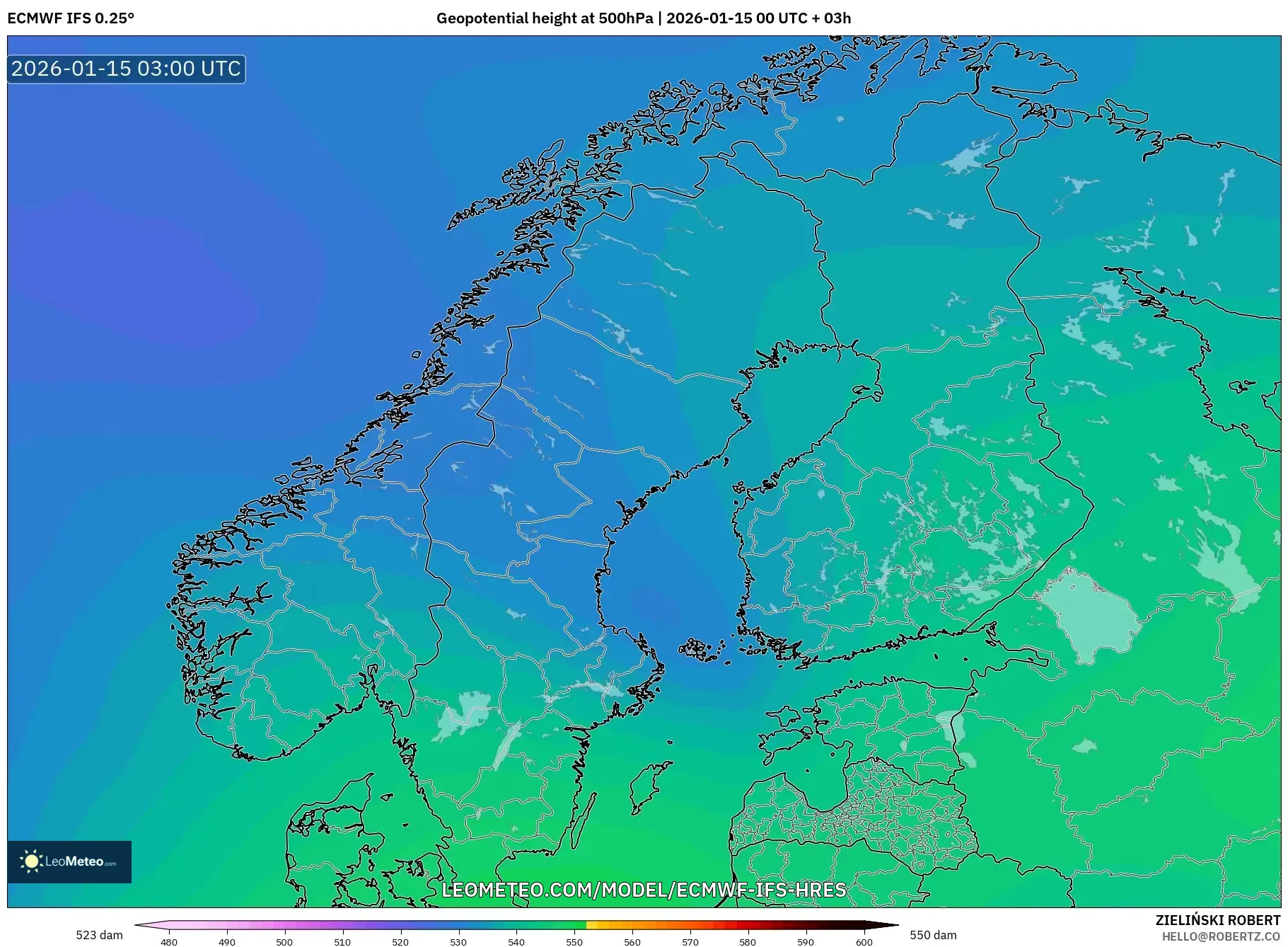 ECMWF IFS 0.25° model - Scandinavia, Geopotential height at 500hPa