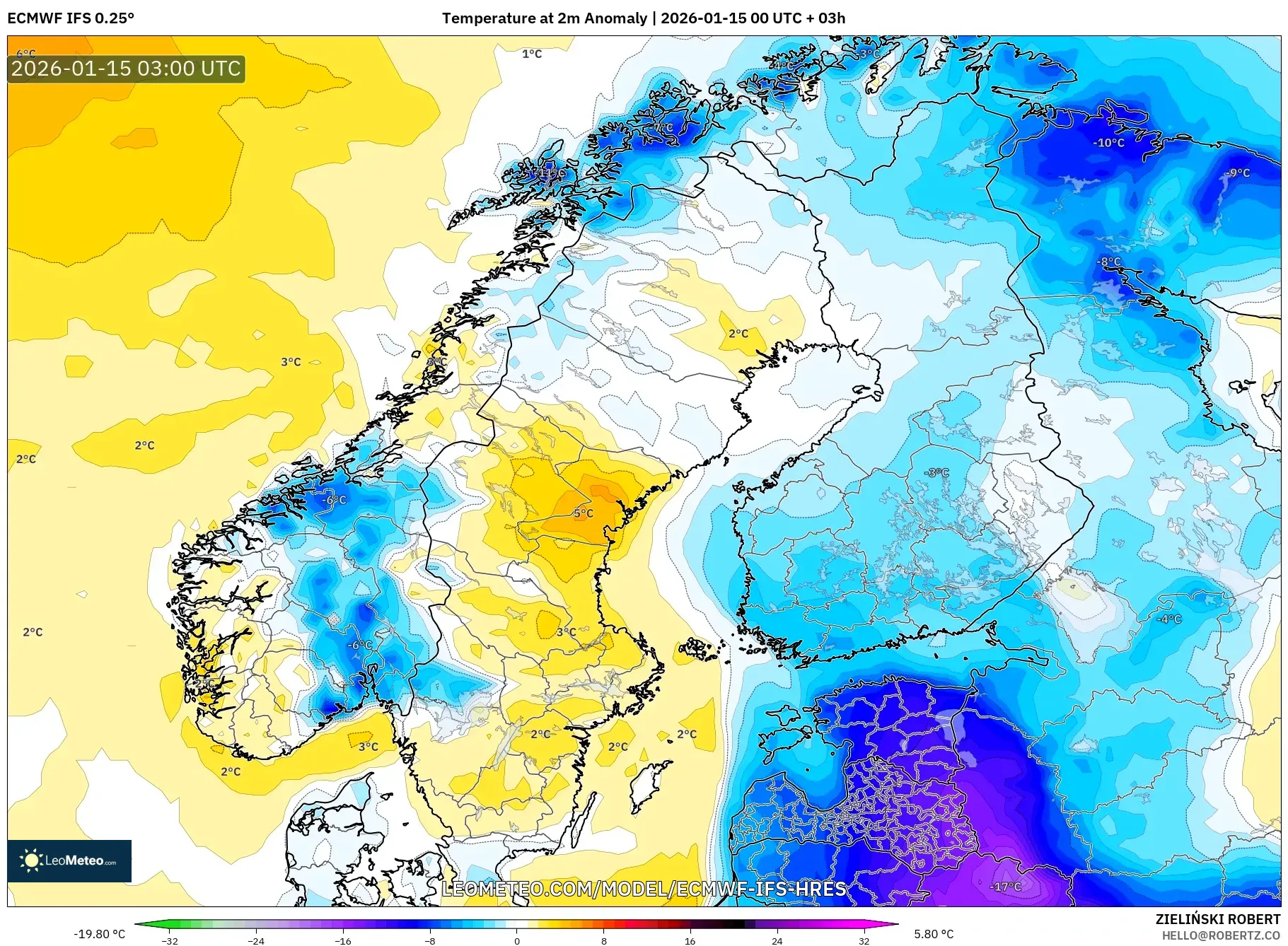 ECMWF IFS 0.25° model - Scandinavia, Temperature at 2m Anomaly