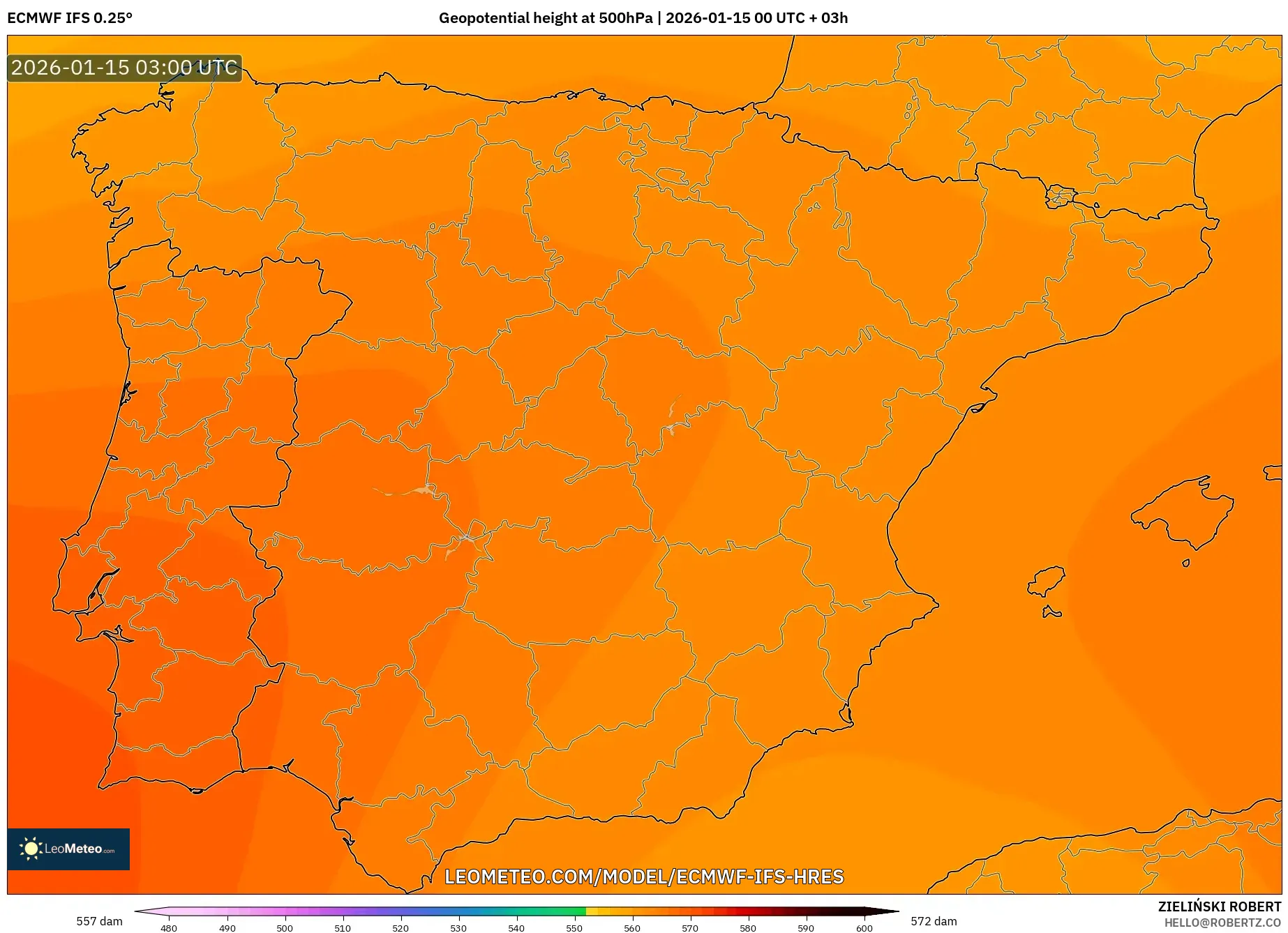 ECMWF IFS 0.25° model - Spain, Geopotential height at 500hPa