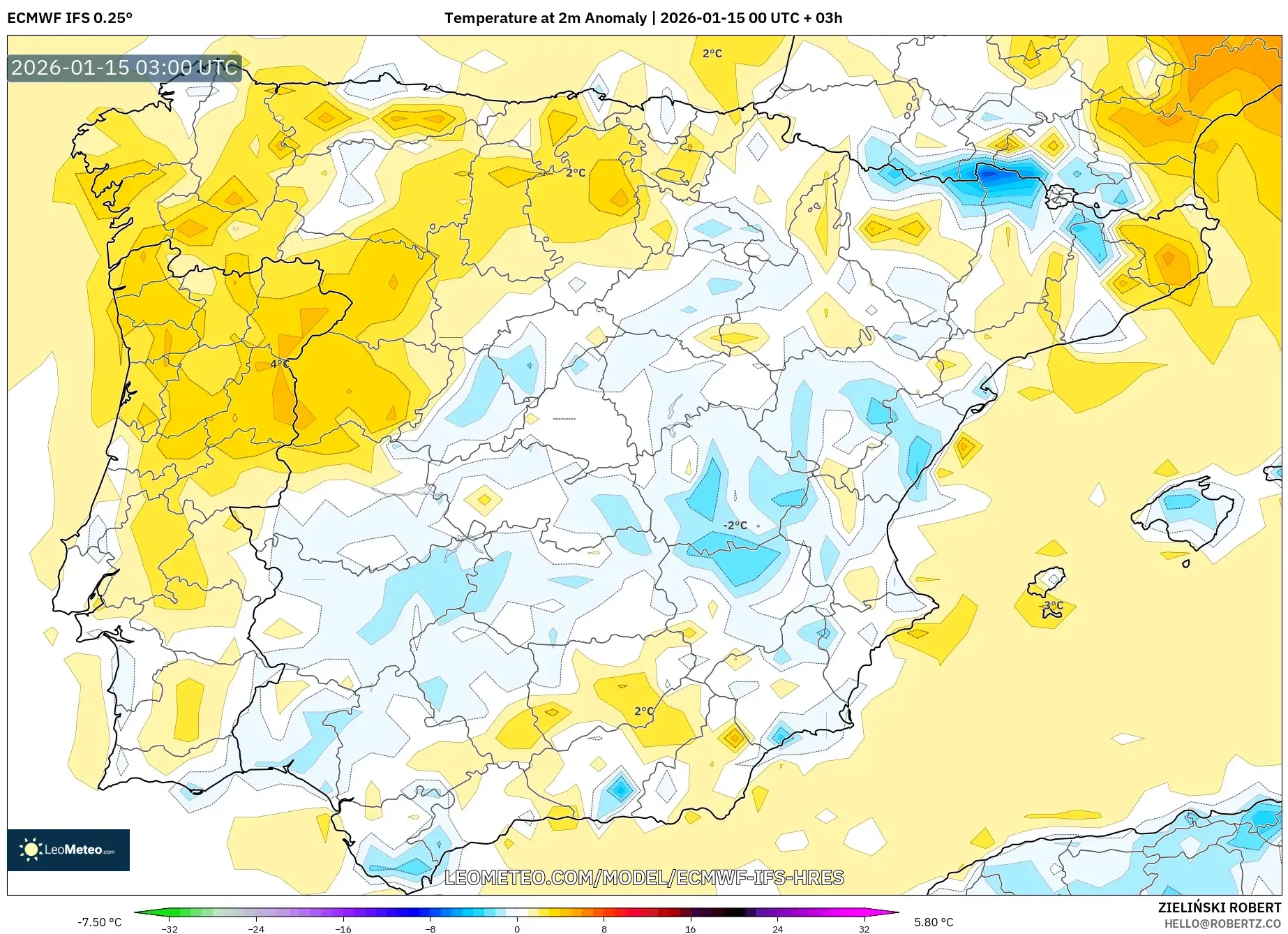 ECMWF IFS 0.25° model - Spain, Temperature at 2m Anomaly