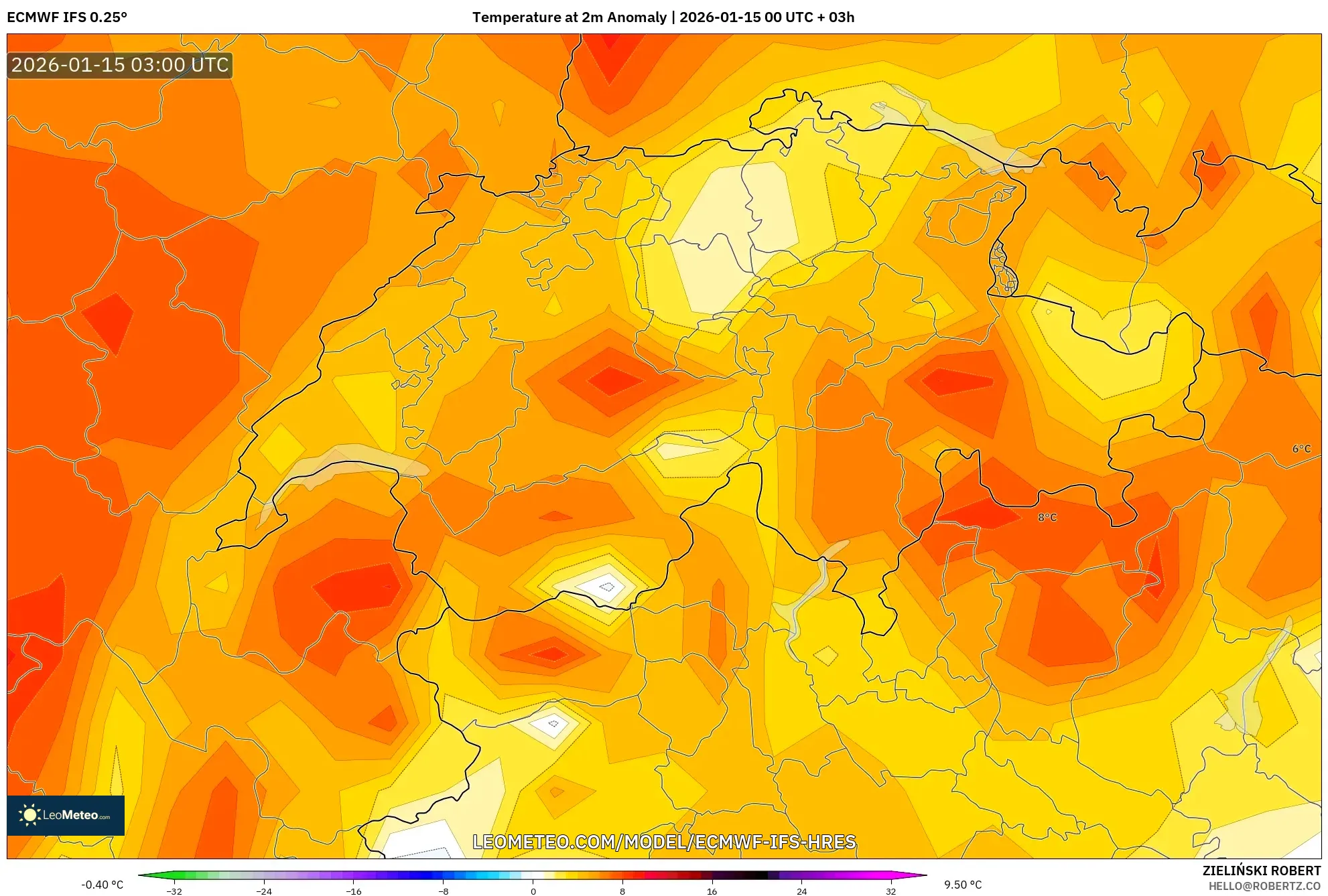 ECMWF IFS 0.25° model - Switzerland, Temperature at 2m Anomaly