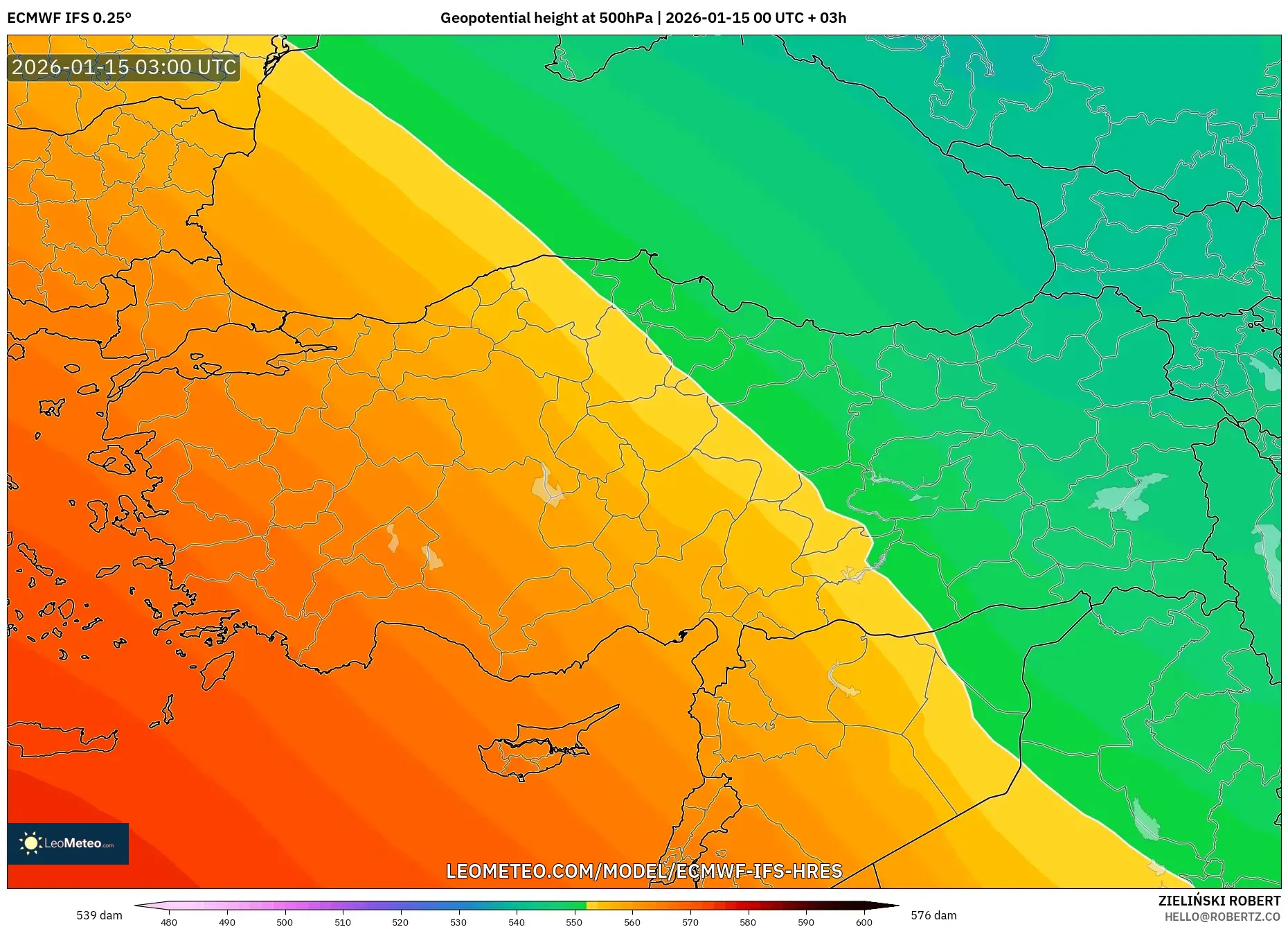 ECMWF IFS 0.25° model - Turkey, Geopotential height at 500hPa