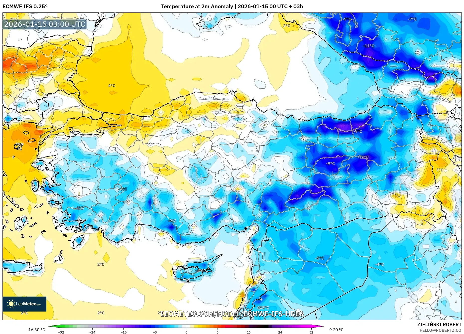 ECMWF IFS 0.25° model - Turkey, Temperature at 2m Anomaly