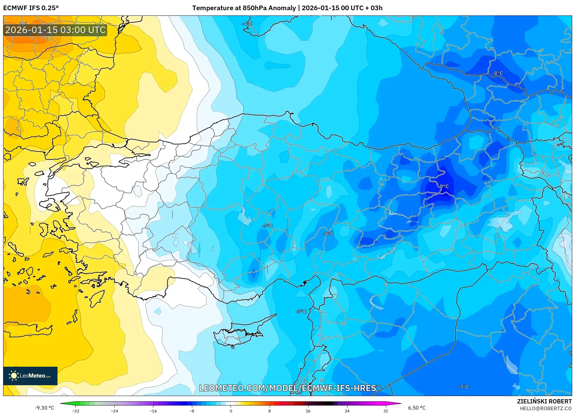 ECMWF IFS 0.25° model - Turkey, Temperature at 850hPa Anomaly