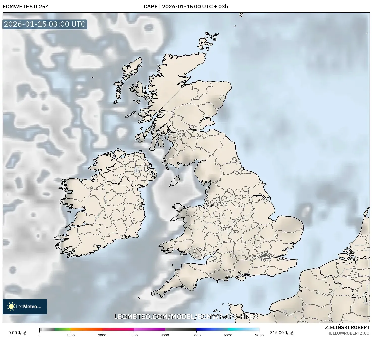 ECMWF IFS 0.25° model - United Kingdom, CAPE