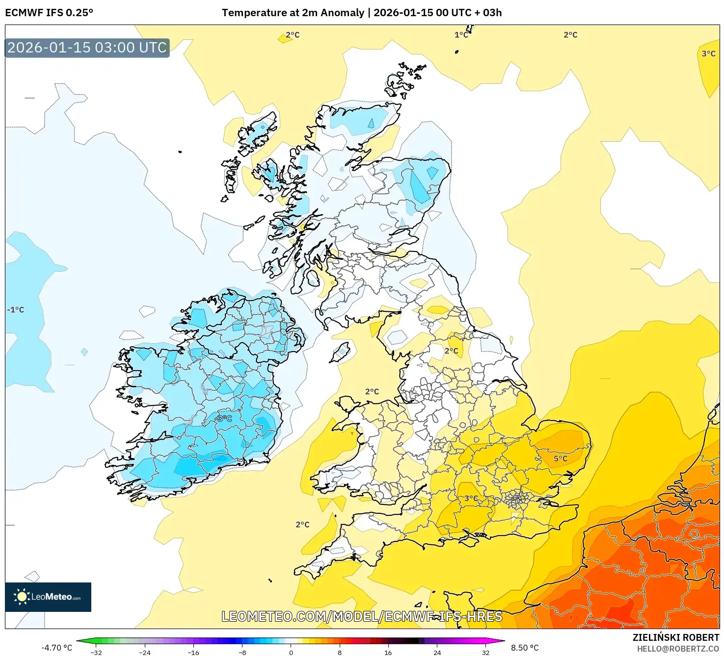 ECMWF IFS 0.25° model - United Kingdom, Temperature at 2m Anomaly