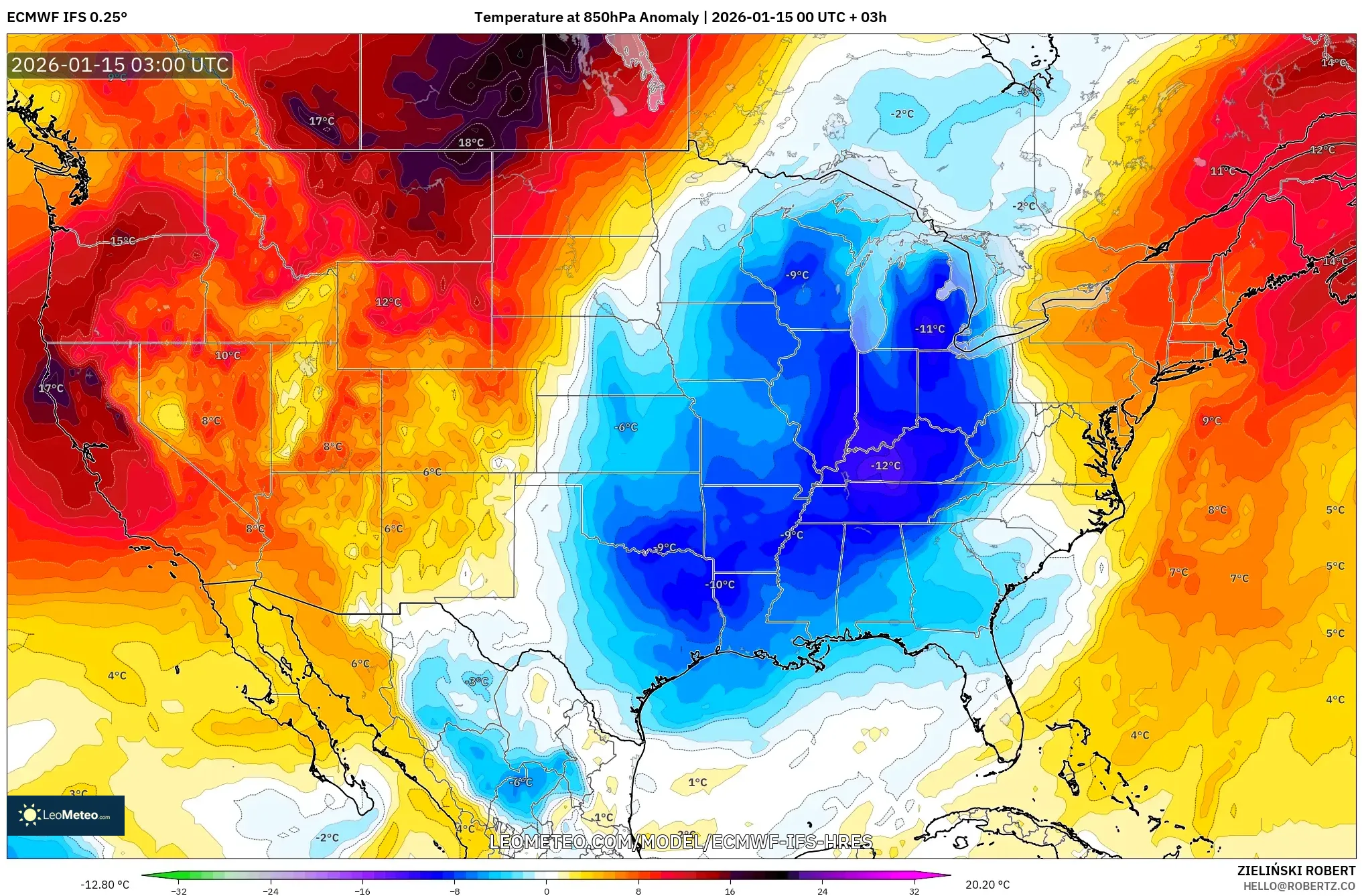 ECMWF IFS 0.25° model - United States, Temperature at 850hPa Anomaly