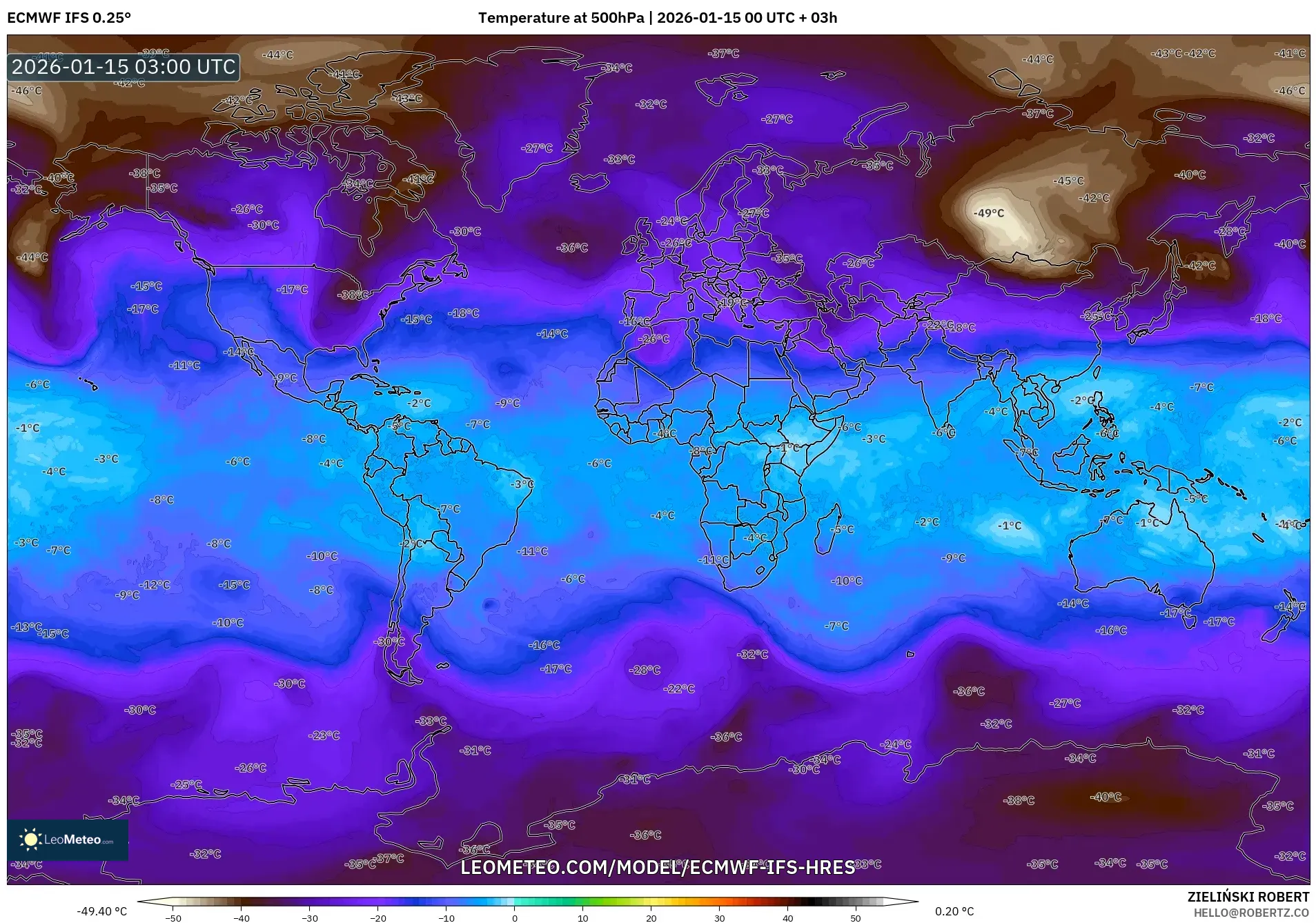 ECMWF IFS 0.25° model - World, Temperature at 500hPa